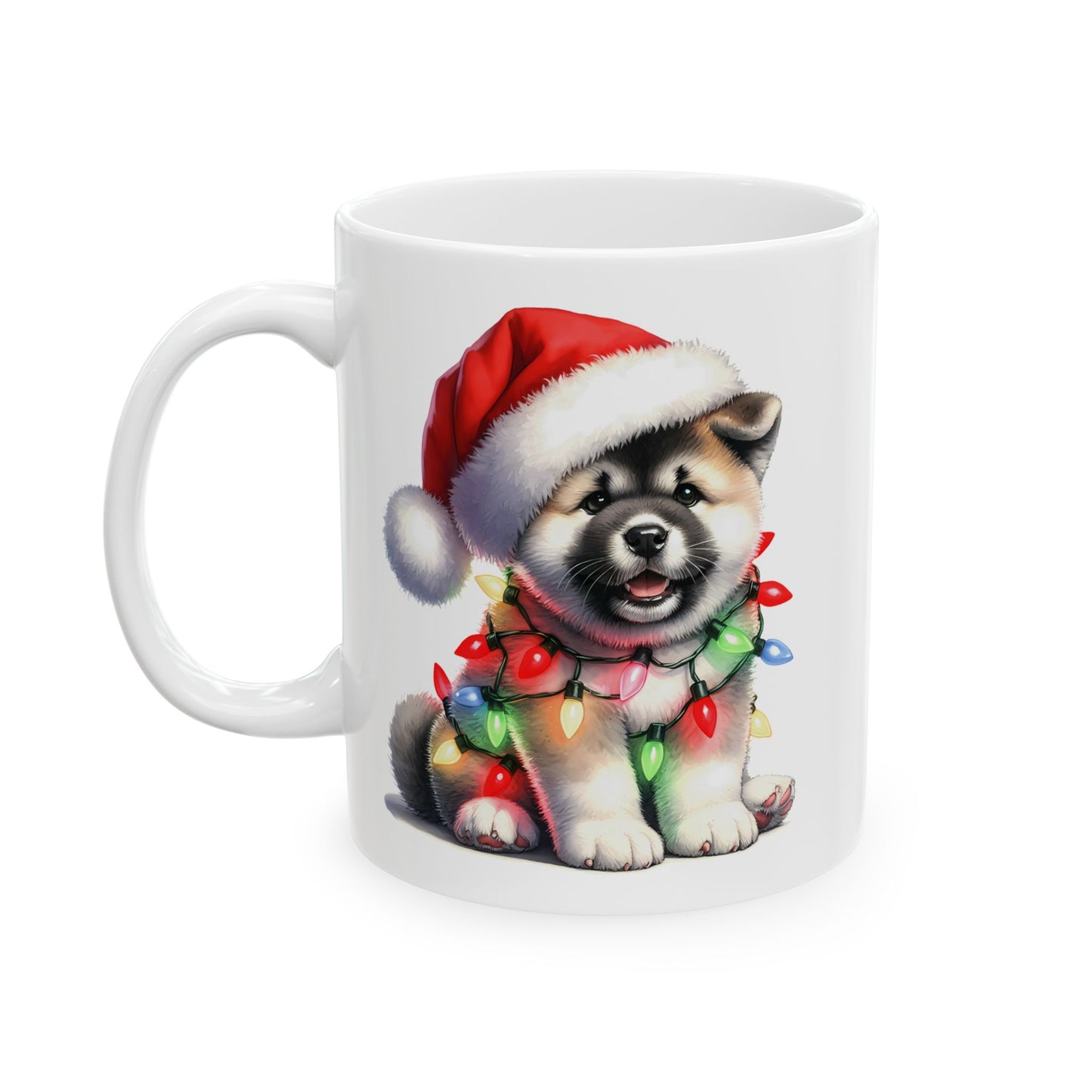 🎅 Akita Christmas Mug – Festive Puppy with Santa Hat & Holiday Lights 🎄