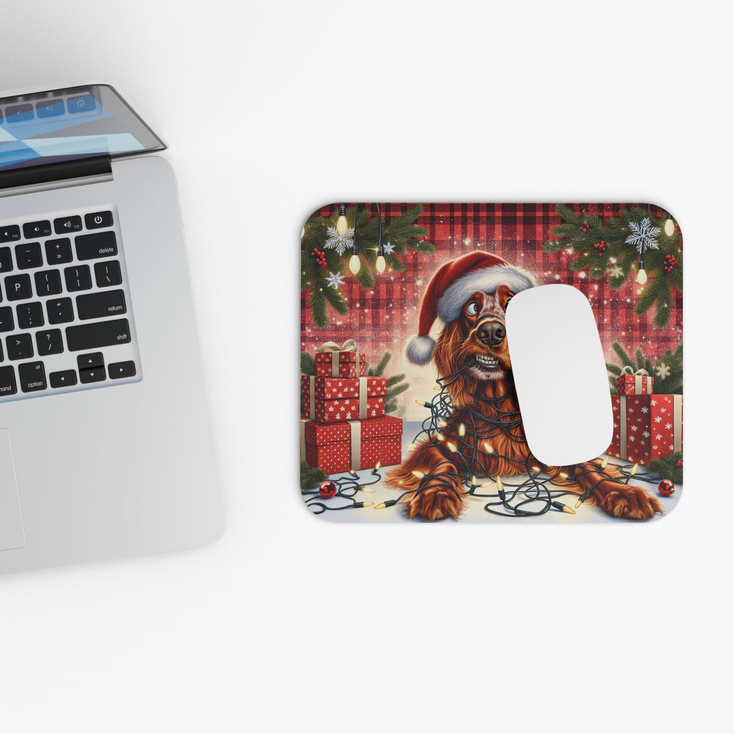 ๐ฑ๏ธ๐๐ถ Tangled Lights Christmas Dog Mouse Pad โ Santa Hat & Plaid Holiday Cheer
