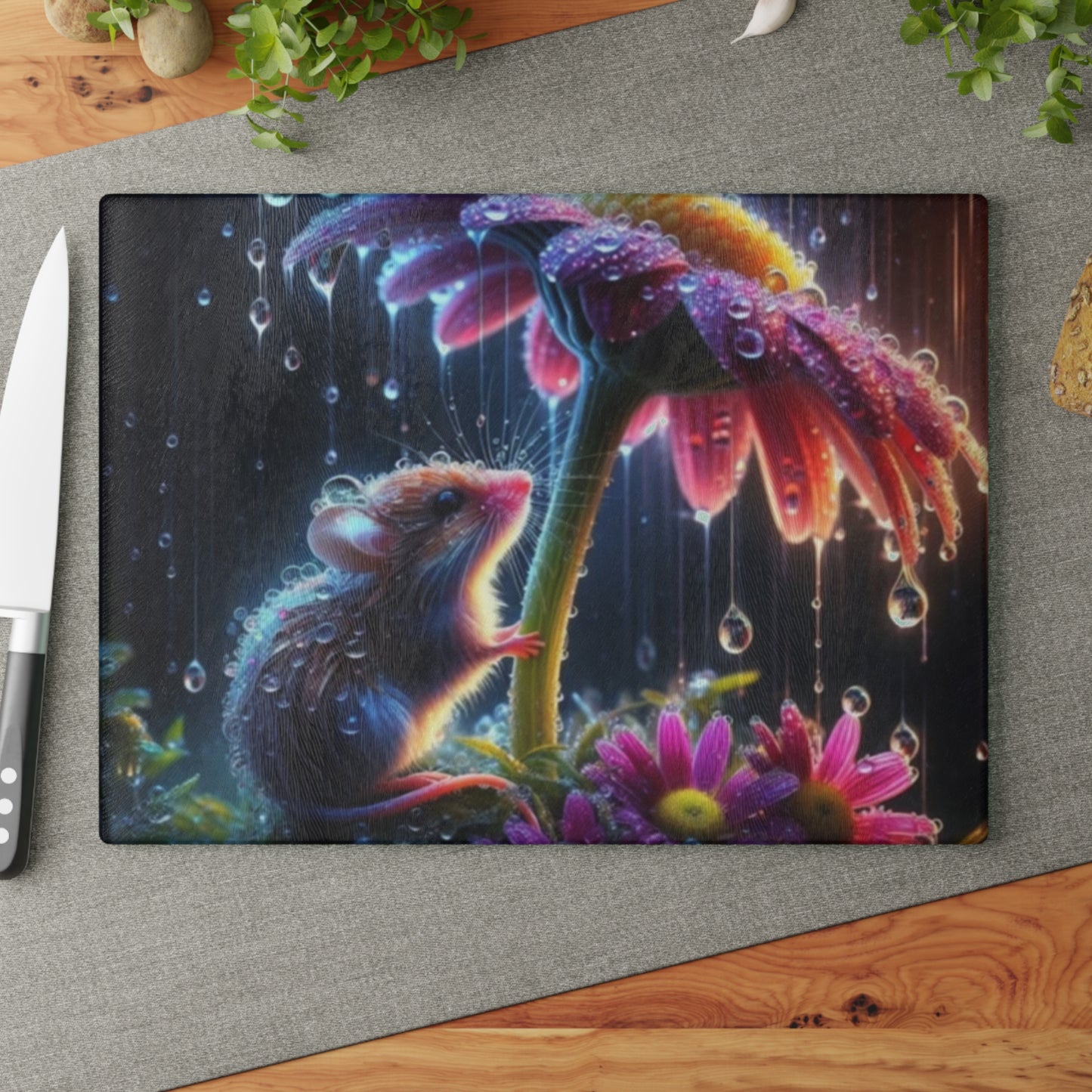 🪻 Rainy Day Mouse Cutting Board – Whimsy & Wonder for Your Kitchen