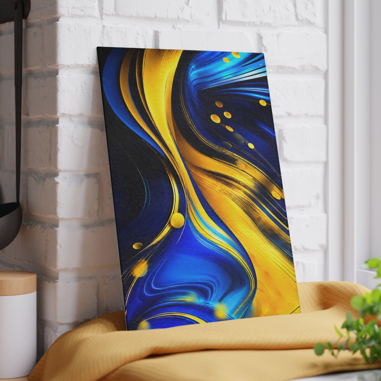 Blue & Gold Abstract Glass Cutting Board – Modern Fluid Art Kitchen Decor