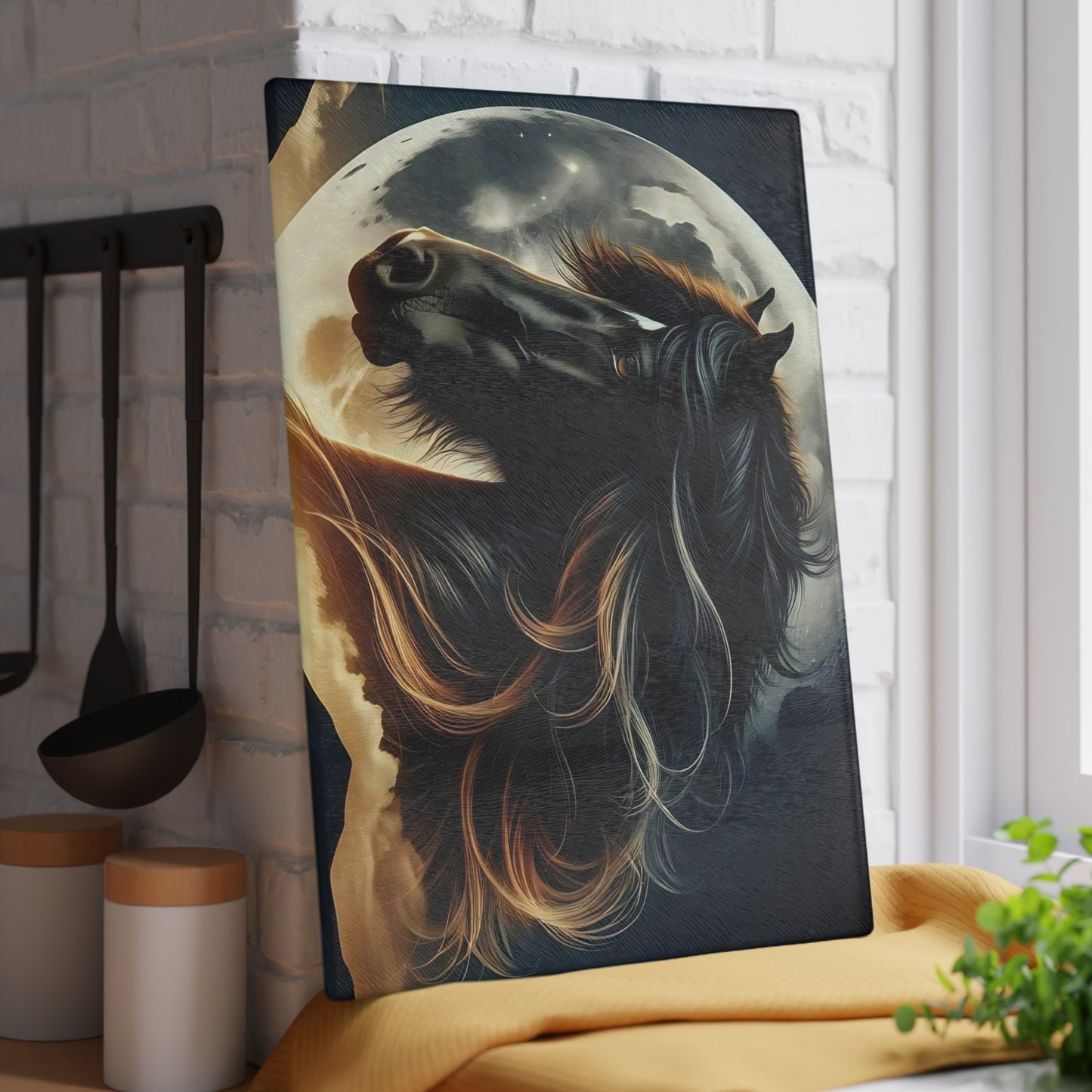 🖤 Majestic Horse Moonlight Cutting Board – Striking Black Stallion Kitchen Art