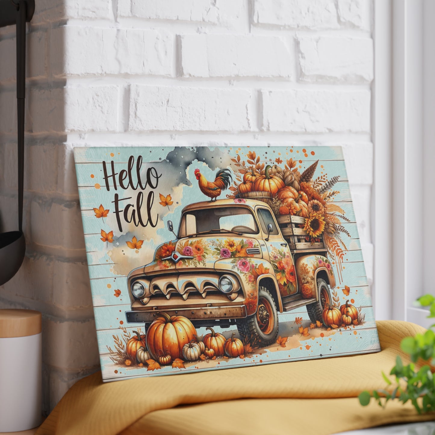 🍂🚜 Hello Fall Truck Cutting Board – Rustic Farmhouse Charm with Pumpkins & Sunflowers 🌻🐓
