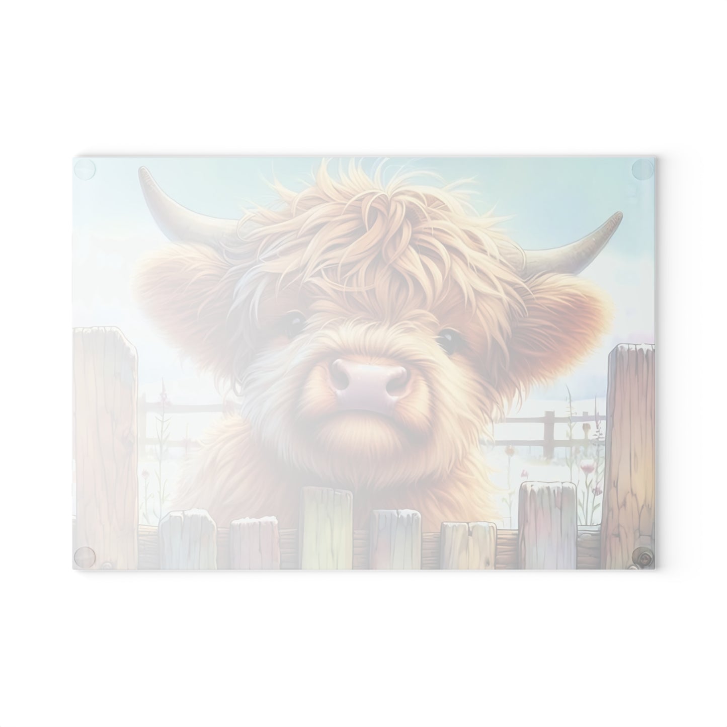 🐄 Highland Cow Looking Over a Wooden Fence Glass Cutting Board 🪵