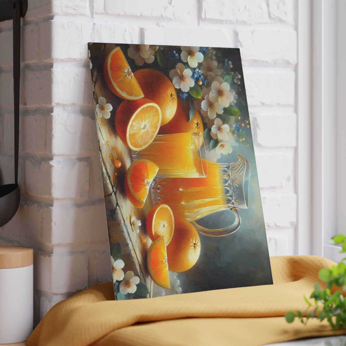 Tabla de cortar de vidrio templado para zumo de naranja recién exprimido: decoración cítrica para la cocina, bandeja para servir naranjas, regalo para el desayuno de verano