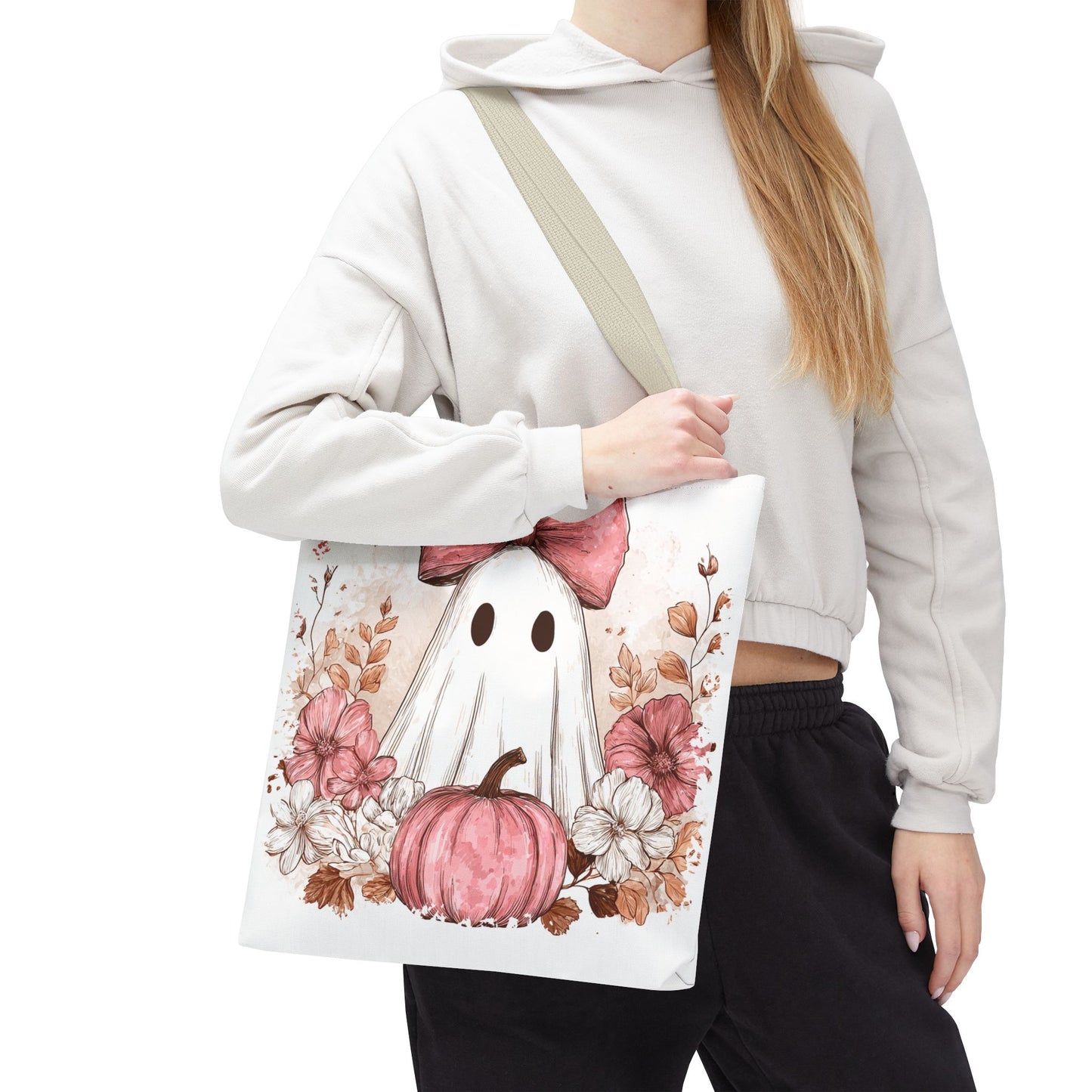 ๐ป Pink Bow Ghost Floral Halloween Tote Bag โ Spooky Cute with Fall Charm ๐๐
