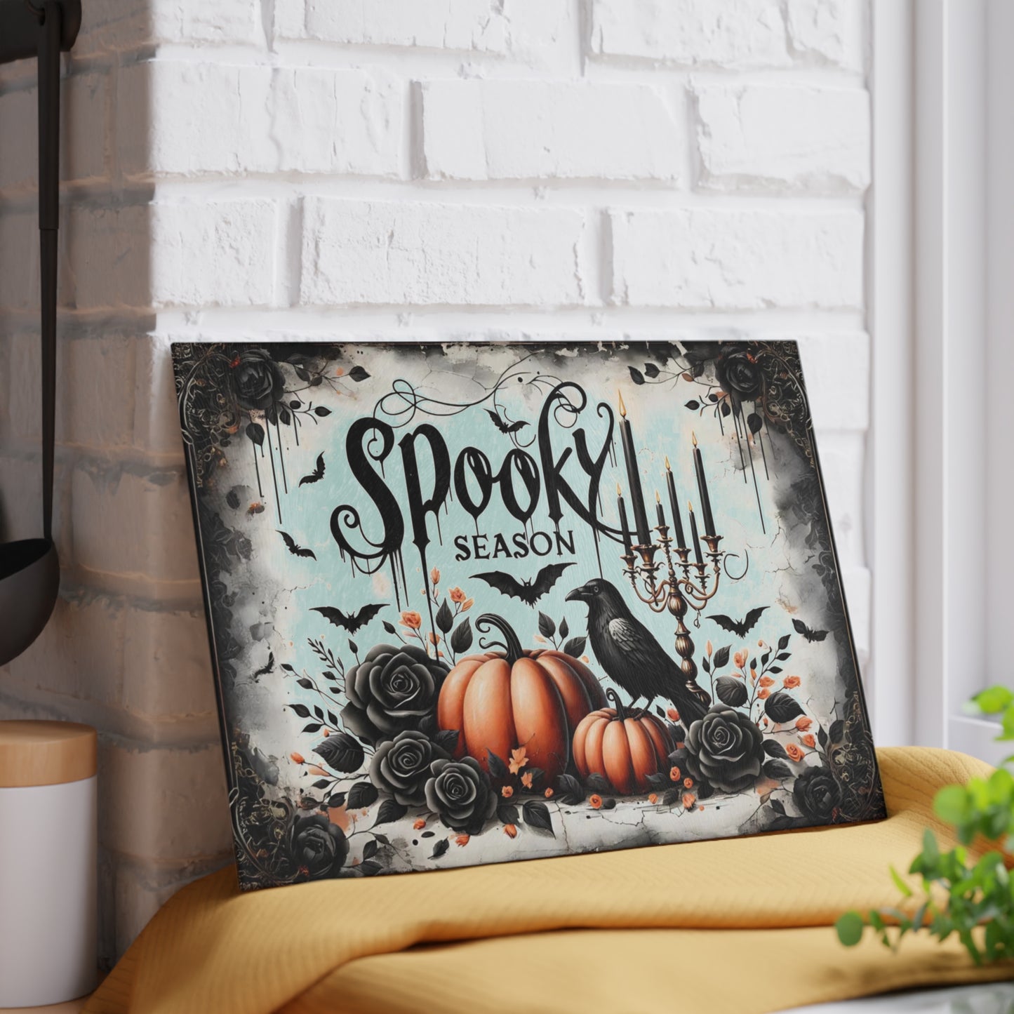 🎃 Spooky Season Halloween Pumpkins & Raven Cutting Board – Gothic Autumn Kitchen Décor