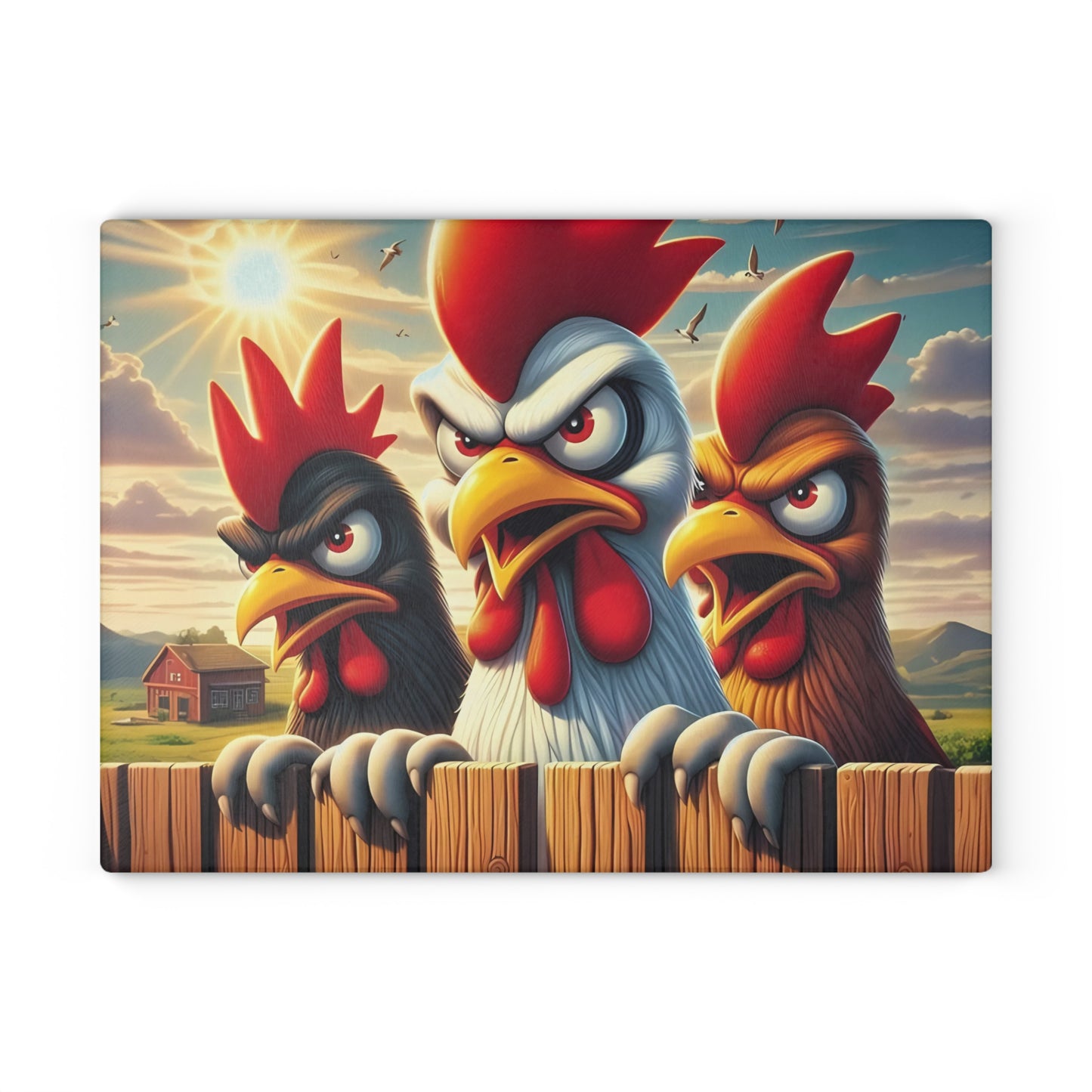 🐔 Three Angry Chickens Glass Cutting Board – Funny Farmhouse Kitchen Decor