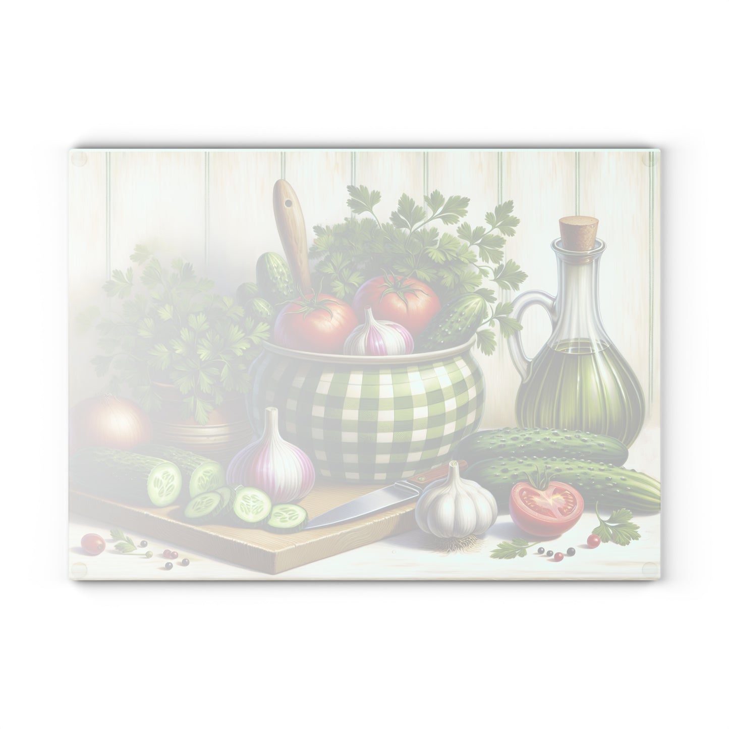 Tabla de cortar pepinos y tomates frescos de granja: un encanto campestre para tu cocina