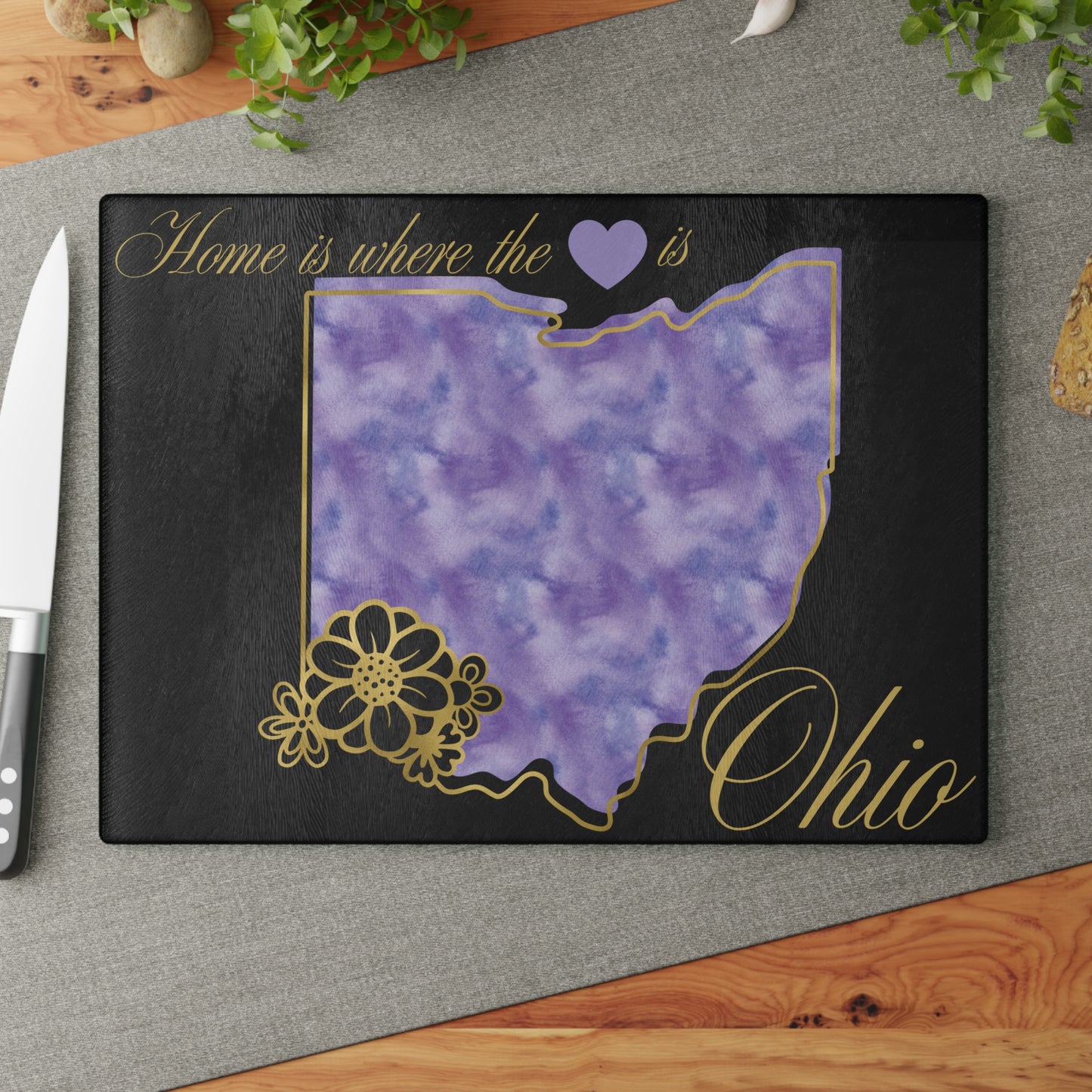 💜 Ohio State Cutting Board – Soft Purple Pride with Floral Heart Elegance