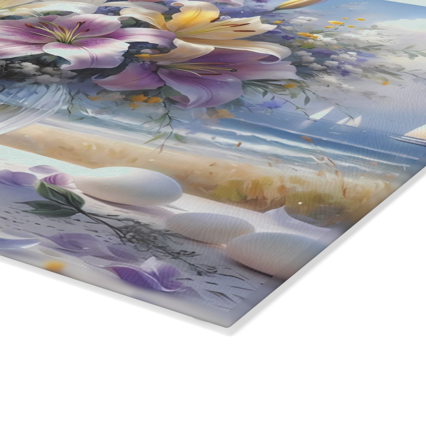 Tabla de cortar con diseño de lirios marinos: decoración floral costera para cocinas elegantes