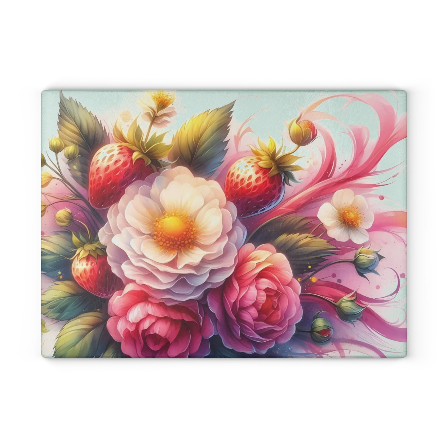 🍓🌸 Strawberry Floral Swirl Cutting Board – Elegant Berry Blooms for Your Kitchen
