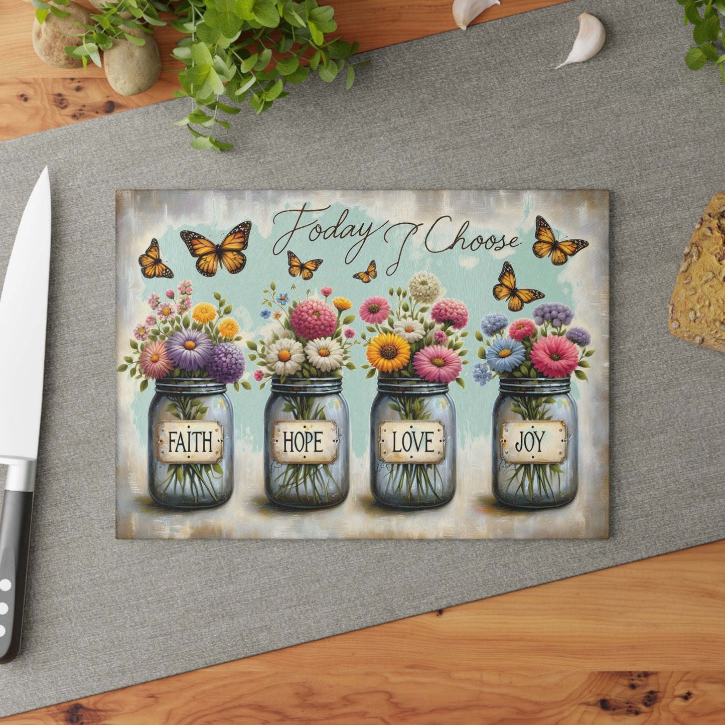 🌼 Hoy elijo – Tabla de cortar de fe, esperanza, amor y alegría – Decoración floral inspiradora para la cocina