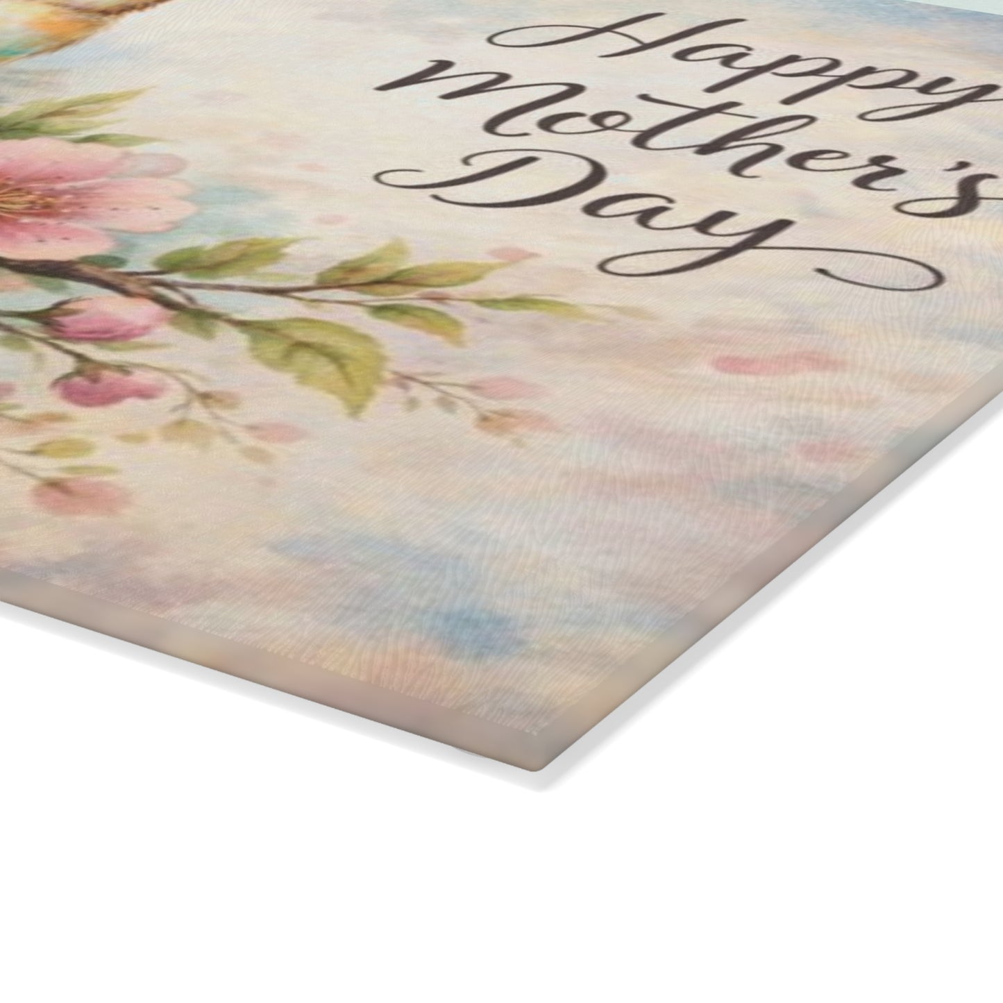 Happy Mother’s Day Bird & Cherry Blossom Glass Cutting Board – Soft Spring Floral Kitchen Accent