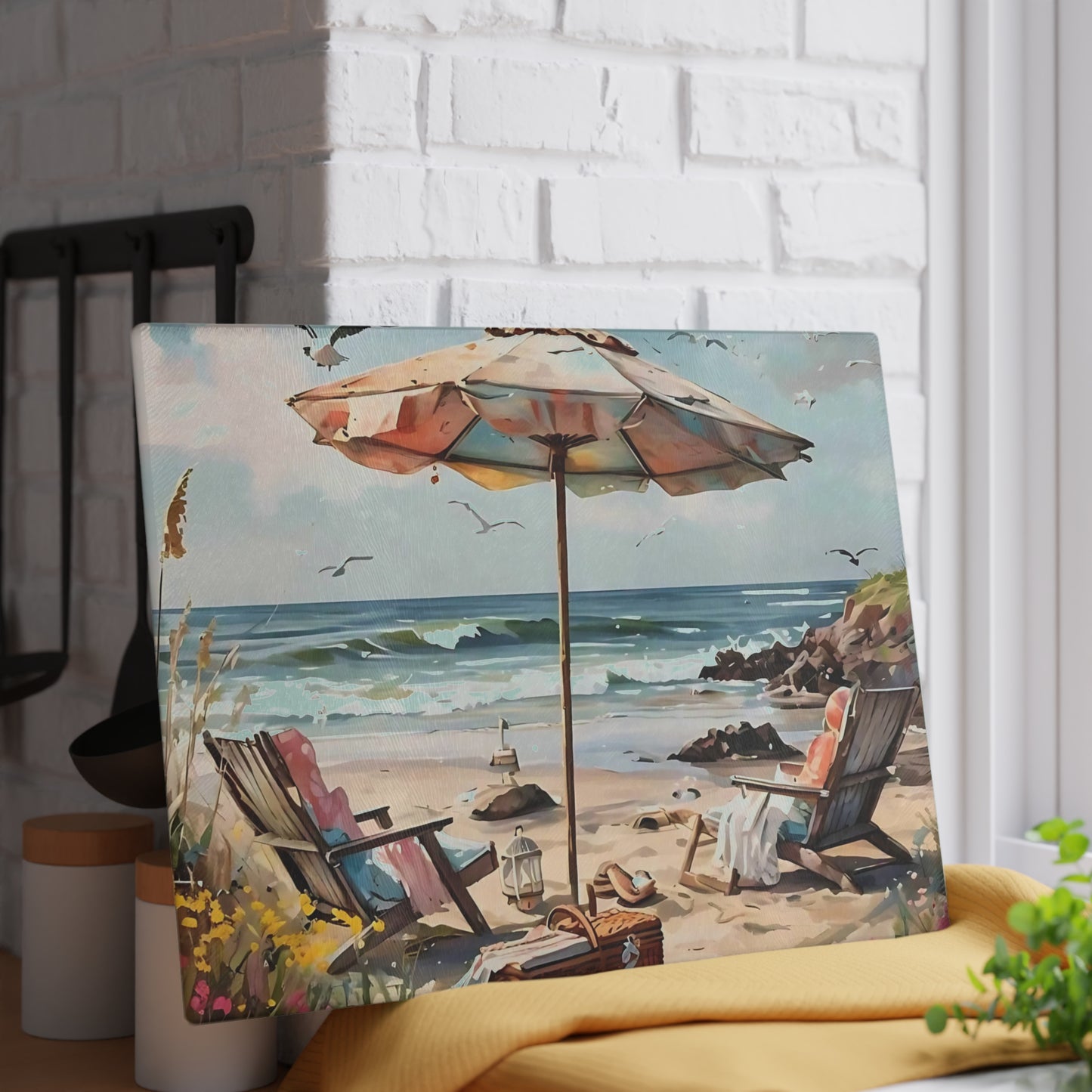 Beach Cutting Board, Coastal Decor, Ocean Art, Beach Gift, Glass Cutting Board, Tropical Kitchen Decor, Hand-Painted Look, Beach Scene