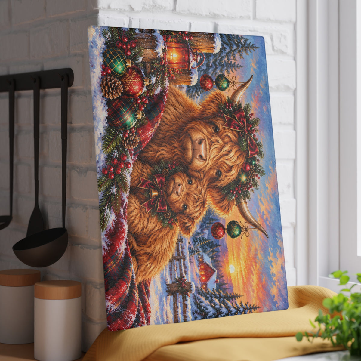 Christmas Highland Cow and Baby Calf Tempered Glass Cutting Board – Festive Farmhouse Winter Art – 11 × 15 Inches