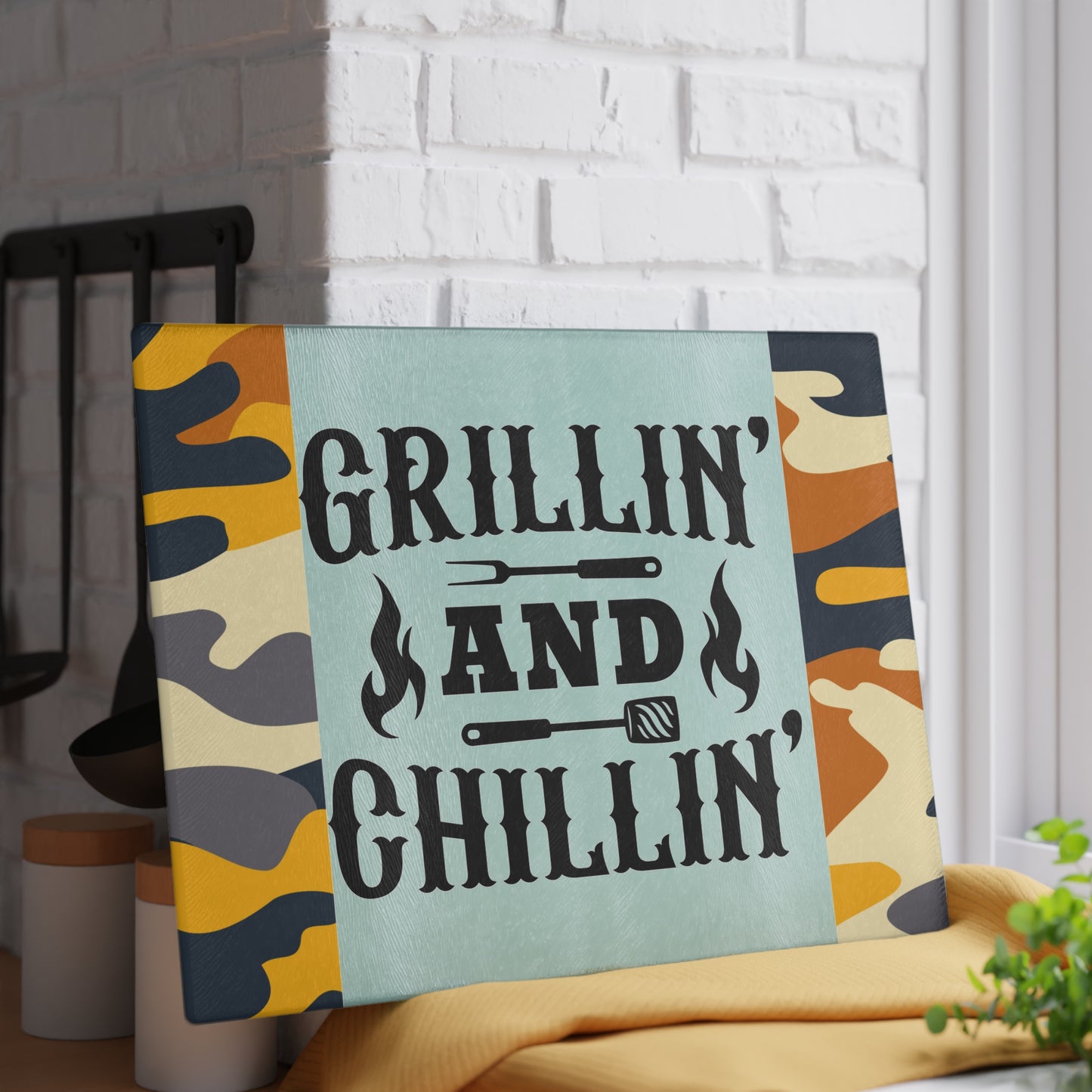 Tabla de cortar de vidrio GRILLIN AND CHILLIN – Estilo camuflaje para preparar barbacoa 🍔