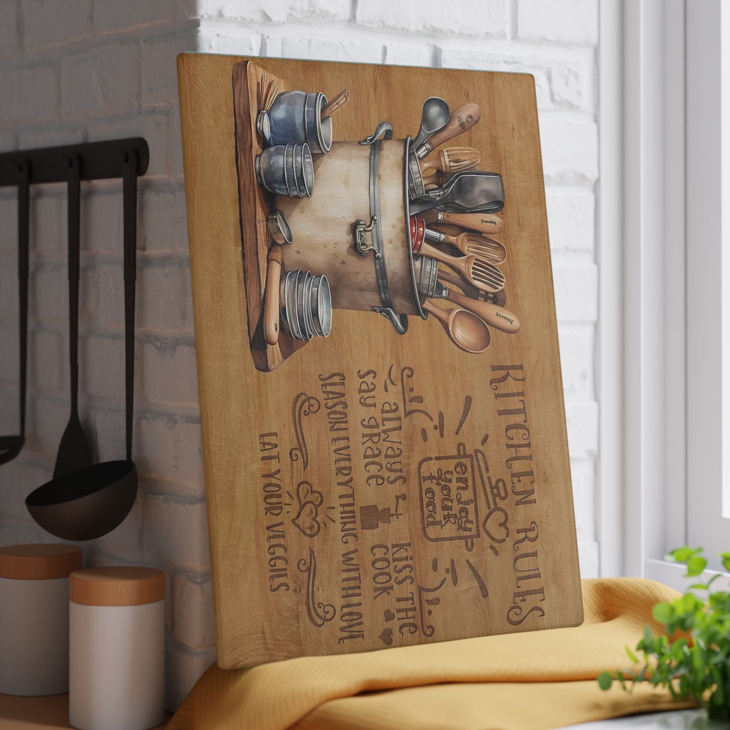 Rustic "Kitchen Rules" Glass Cutting Board – Farmhouse Kitchen Décor
