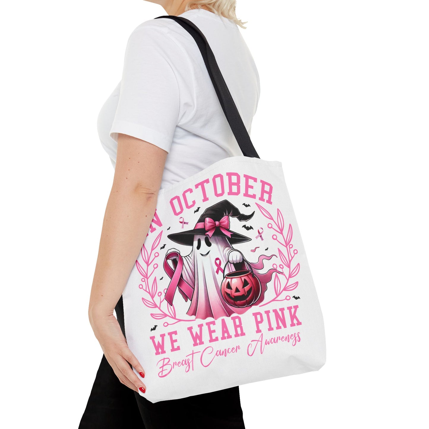 🎀 In October We Wear Pink Tote Bag – Breast Cancer Awareness with Spooky Charm 🎃