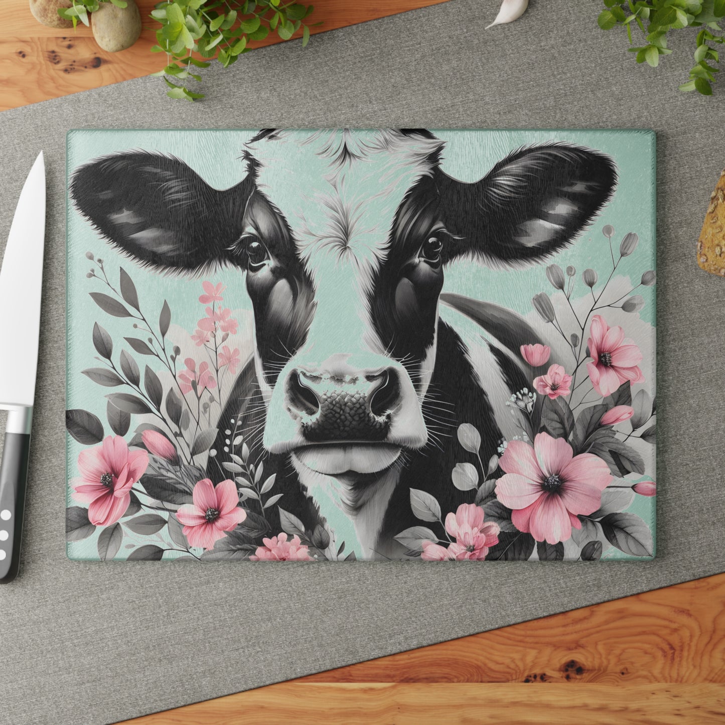 🐄 Blush & Bold Cow Cutting Board – Elegant Florals Meet Farmhouse Chic