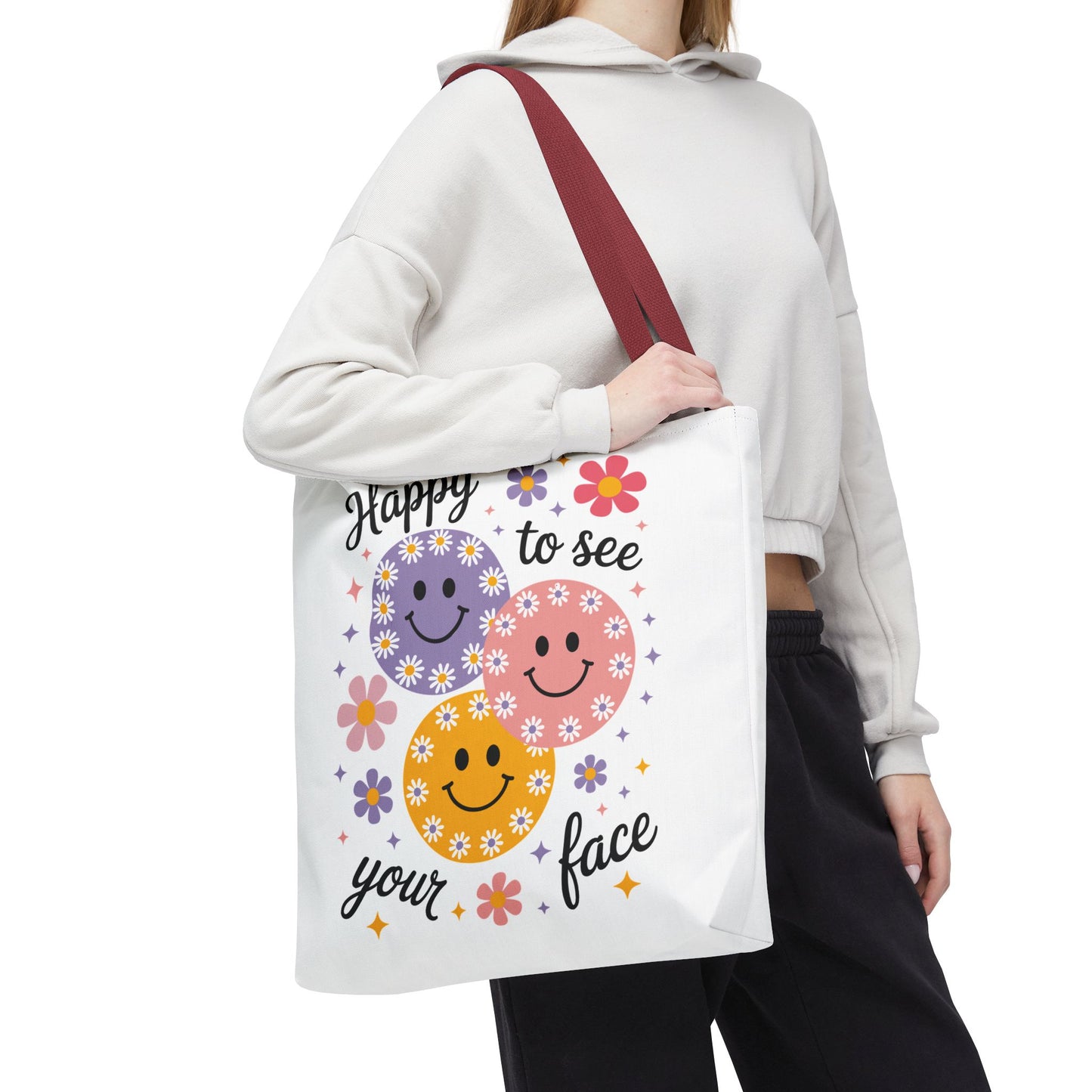 ๐ผ Happy Face Daisy Tote Bag โ Retro Smiles with Floral Charm ๐ธ