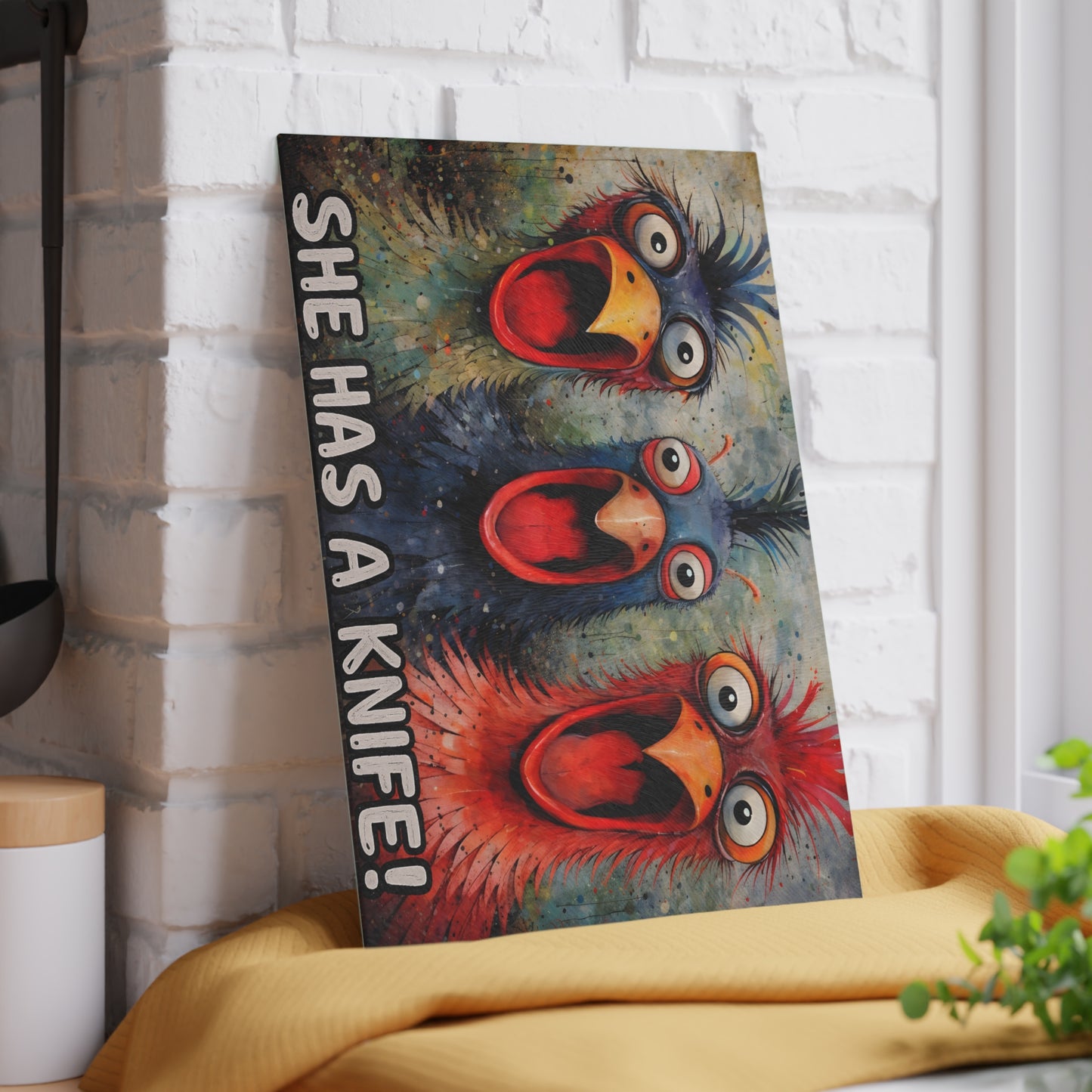 She Has a Knife Glass Cutting Board – Funny Chicken Kitchen Art with Bold Farm Humor