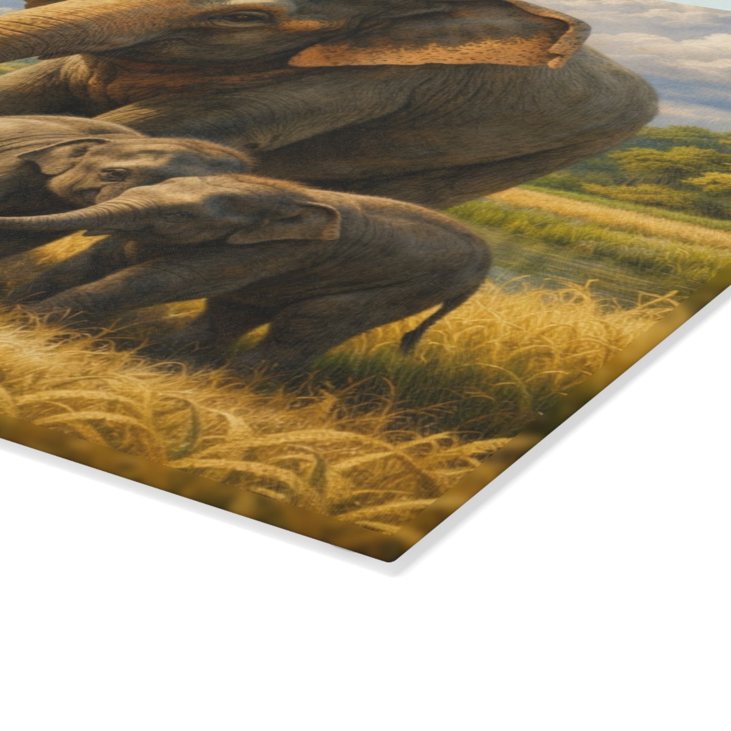 Elephant Family River Meadow Glass Cutting Board – Peaceful Wildlife Landscape Kitchen Art
