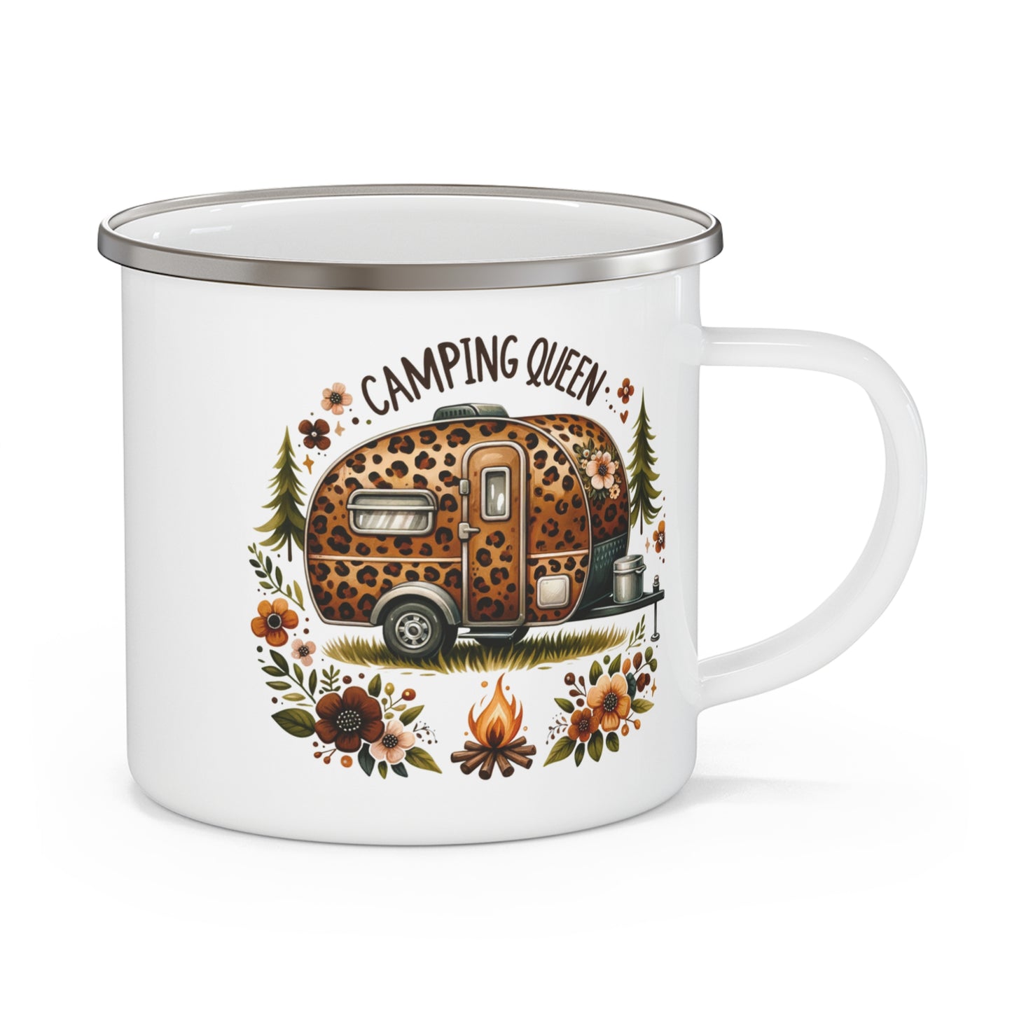 Taza elegante de esmalte para acampar: perfecta para amantes de la naturaleza, amantes de las actividades al aire libre y reuniones alrededor de fogatas. Regalo de camping, taza de camping, decoración bohemia, reina del camping.