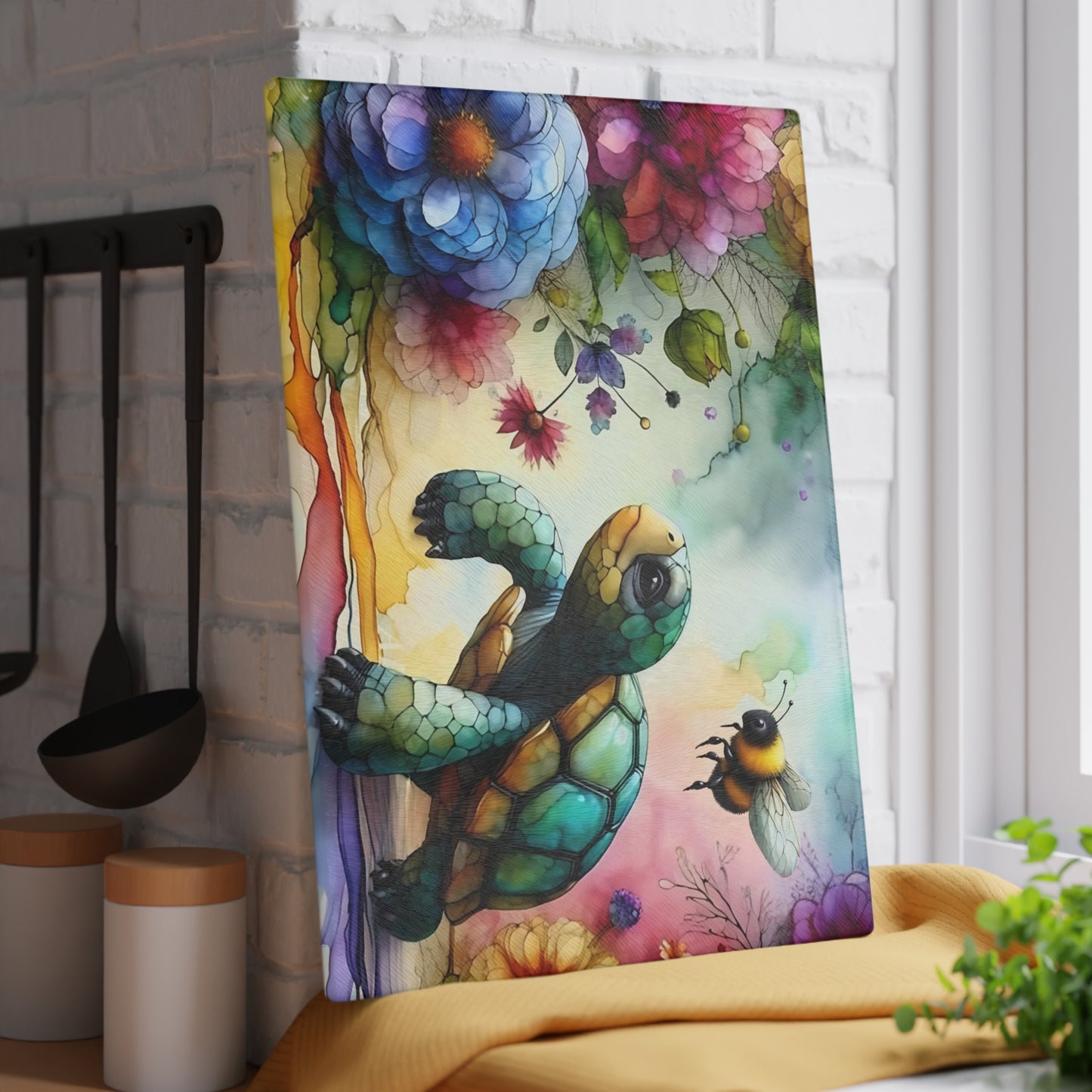 Tortoise & Bee Glass Cutting Board – Floral Wildlife Kitchen Decor