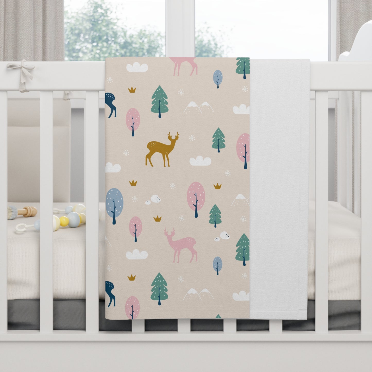 Woodland Deer Forest Baby Blanket – Ultra-Soft Fleece 30″×40″ | Neutral Pastel Trees on Beige