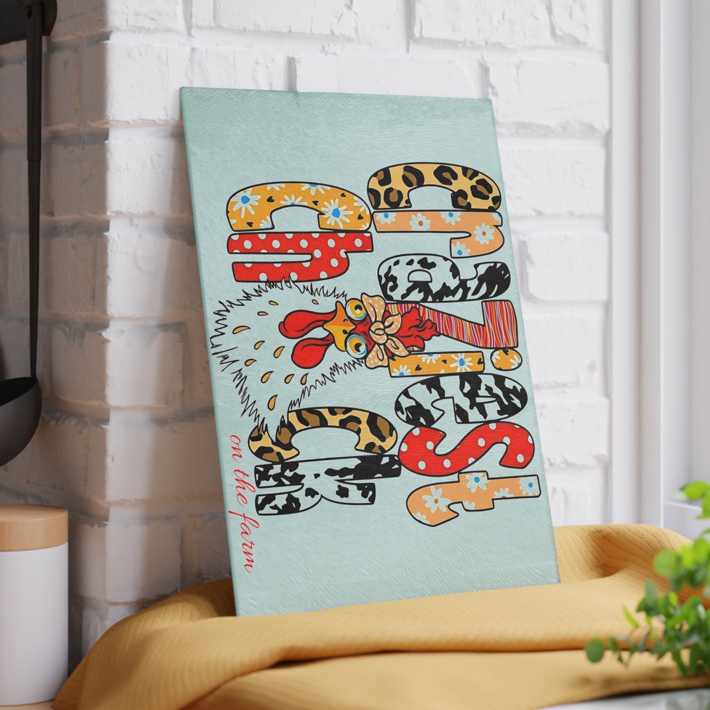 Tabla de cortar de vidrio con la gallina más loca de la granja: divertida decoración de cocina con gallinas de granja