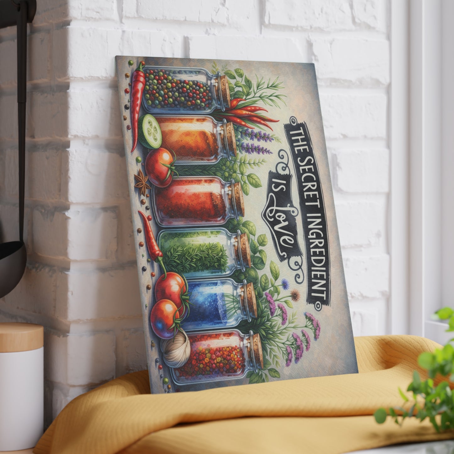 The Secret Ingredient Is Love Glass Cutting Board – Rustic Herb & Spice Kitchen Artwork