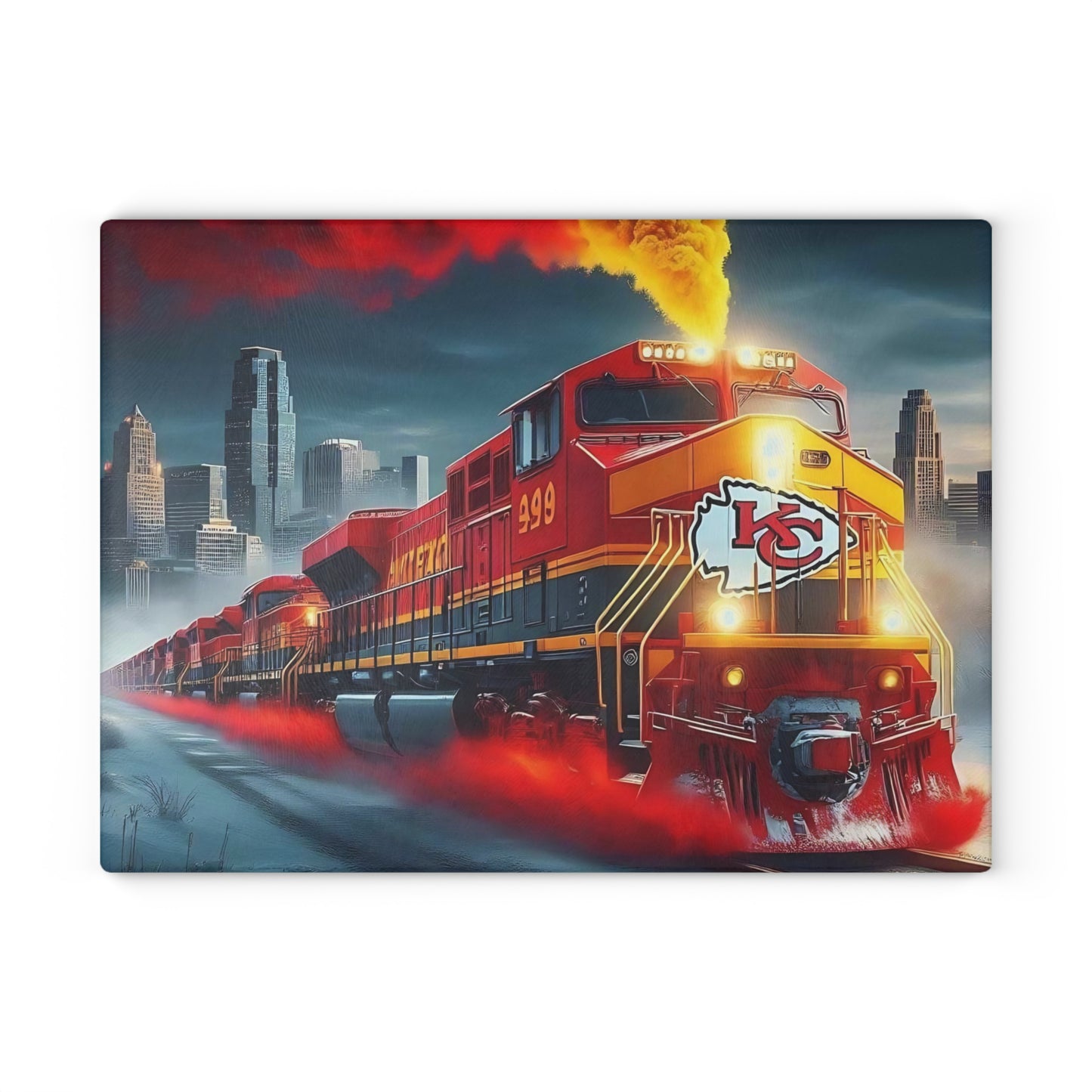 Tabla de cortar de vidrio Express roja y dorada: exhibición de cocina con un llamativo diseño de tren