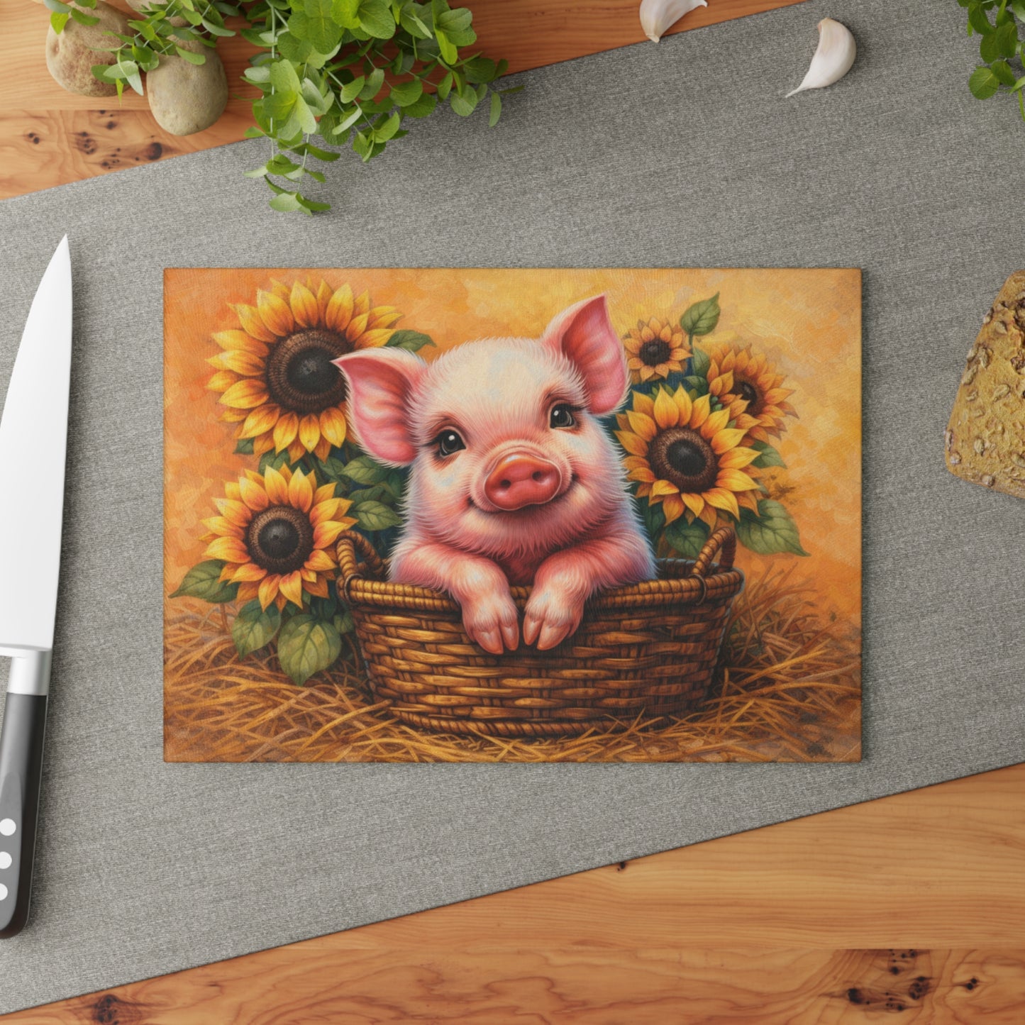 Sunflower Piglet Glass Cutting Board – Whimsical Farmhouse Kitchen Decor