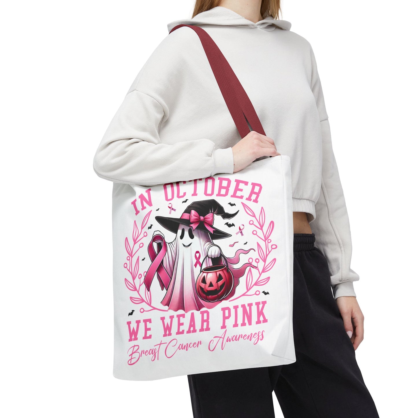 🎀 In October We Wear Pink Tote Bag – Breast Cancer Awareness with Spooky Charm 🎃