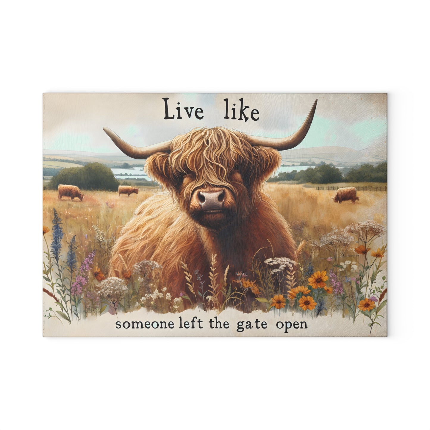 🐮 Highland Cow “Gate Open” Cutting Board – Rustic Charm with a Playful Twist