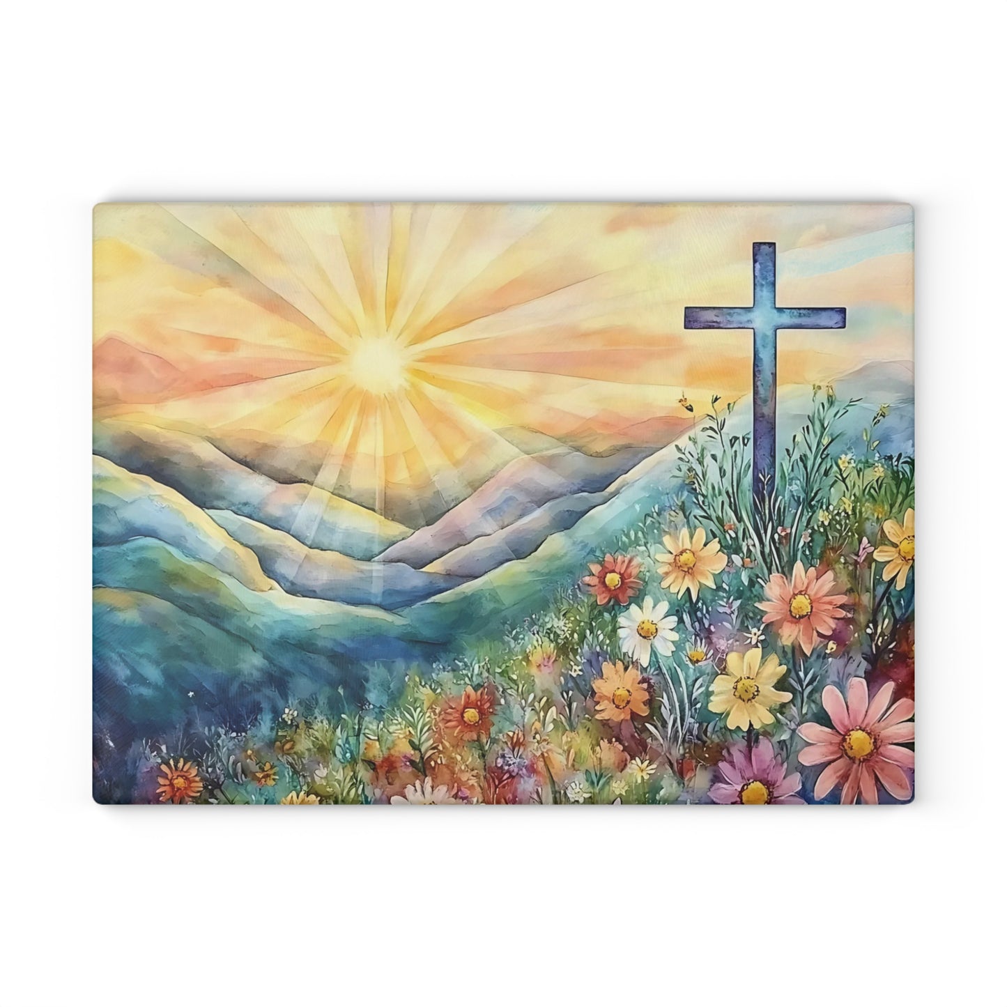 🌄🌸 Sunrise Mountain Cross Cutting Board – Peaceful Faith Kitchen Décor with Florals & Radiant Light ✝️✨