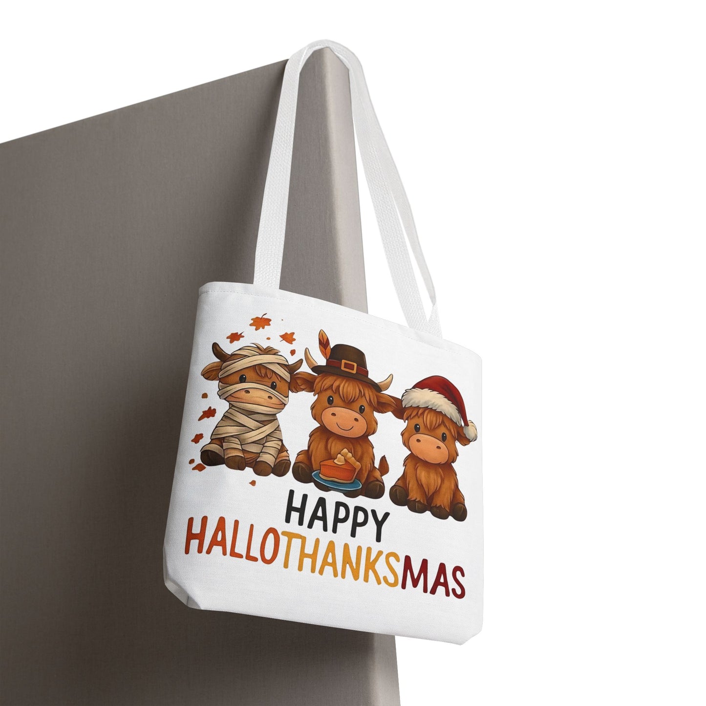 🐮 Happy Hallothanksmas Highland Cow Tote Bag – Holiday Fun All Season 🎃🦃🎄👜