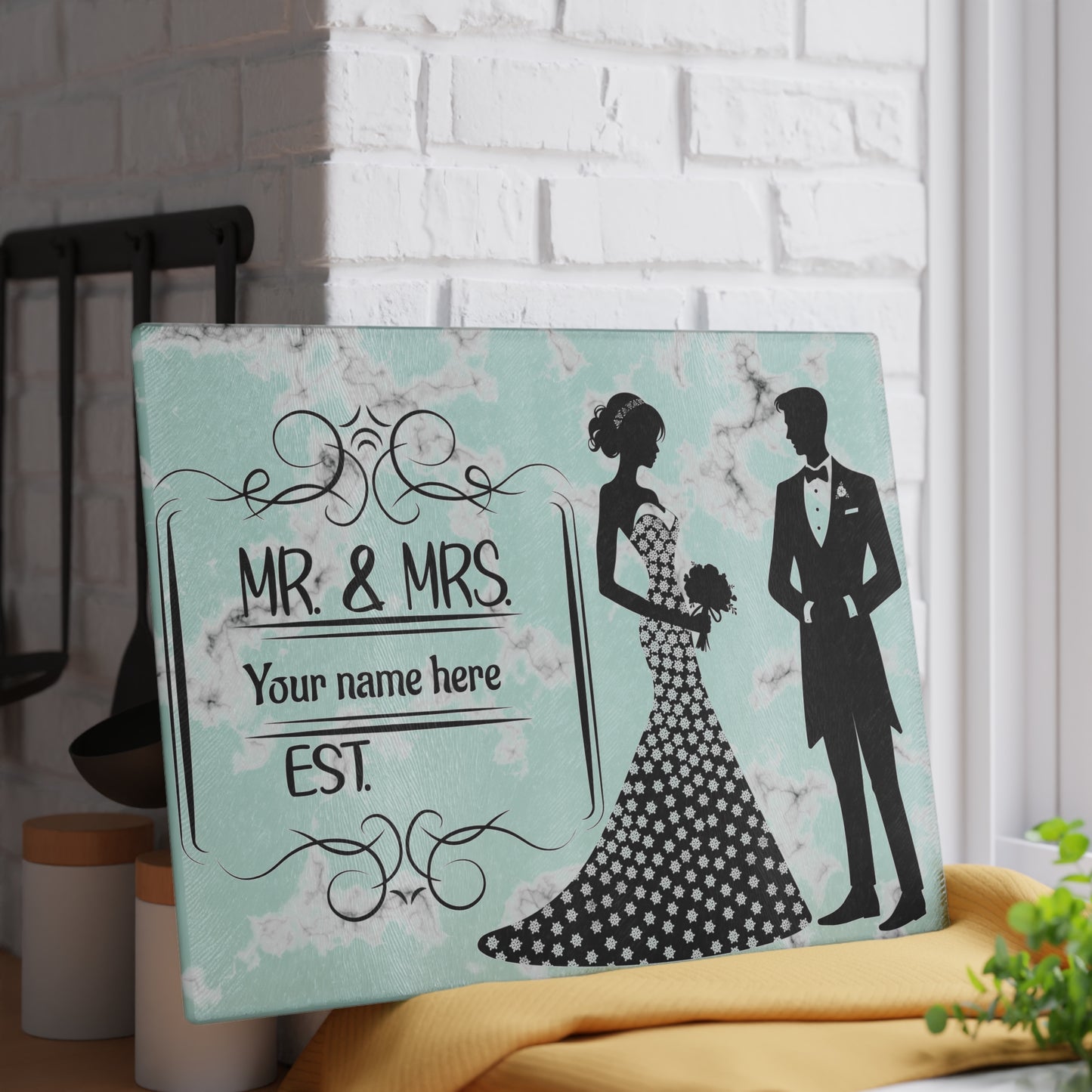 👰♀️ Elegante tabla de cortar de mármol para bodas de Sr. y Sra.: regalo personalizado para pareja con apellido y año