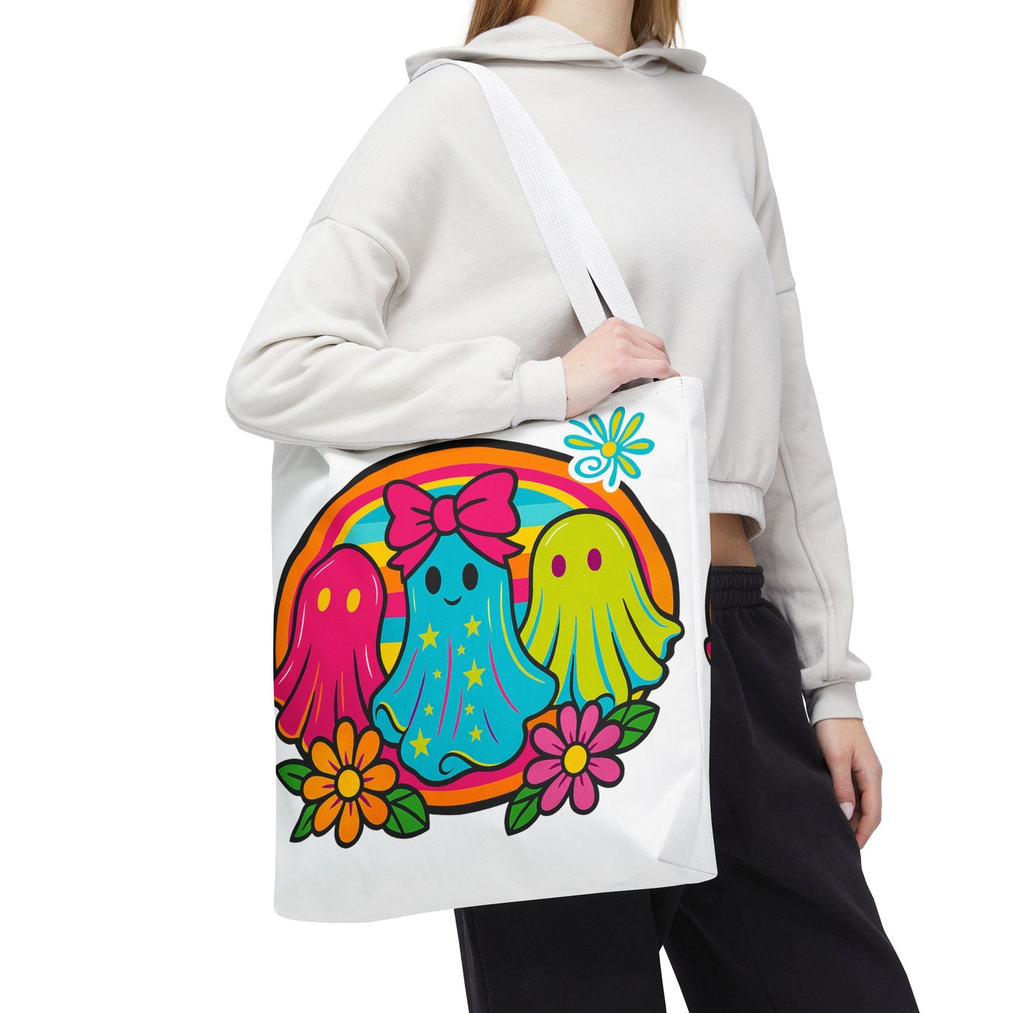 ๐ Retro Rainbow Ghosts Tote Bag โ Groovy Spooky Fun ๐ป๐