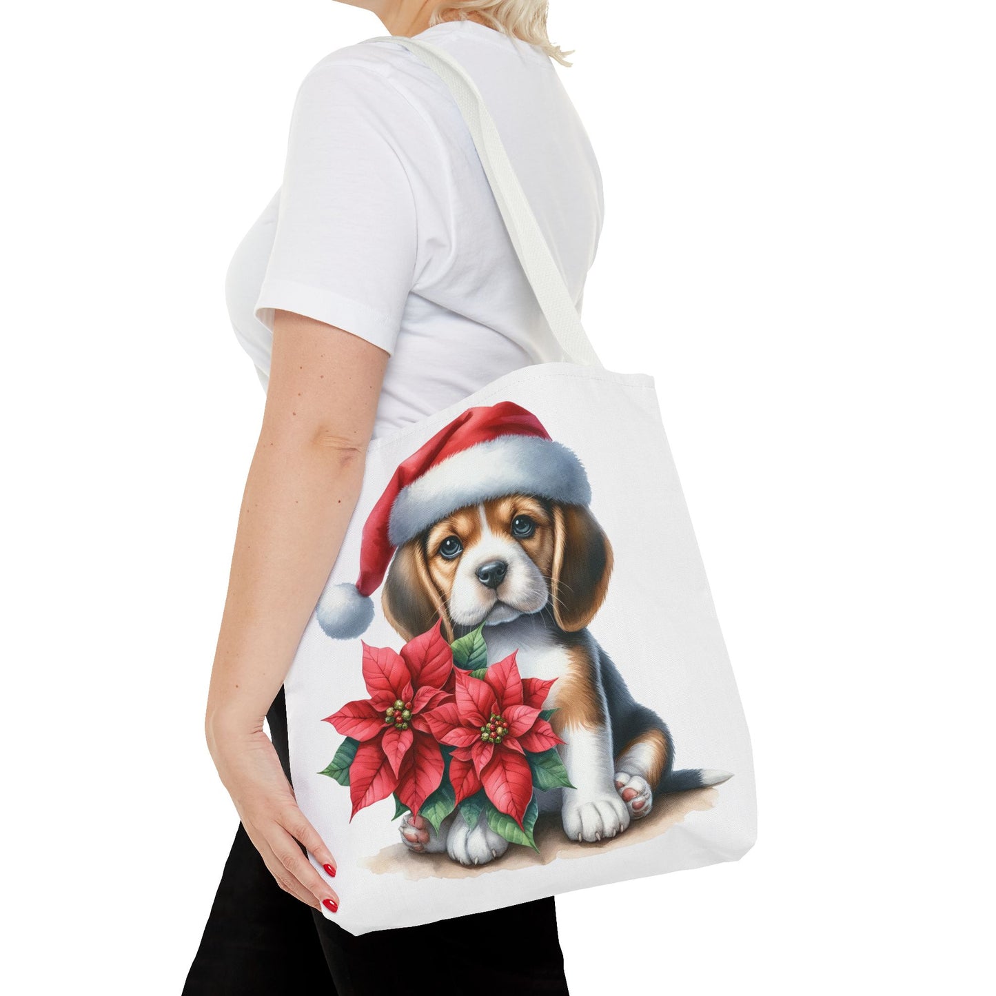 🐶 Beagle Puppy & Poinsettia Christmas Tote Bag – Sweet Holiday Charm in Every Step 🎄