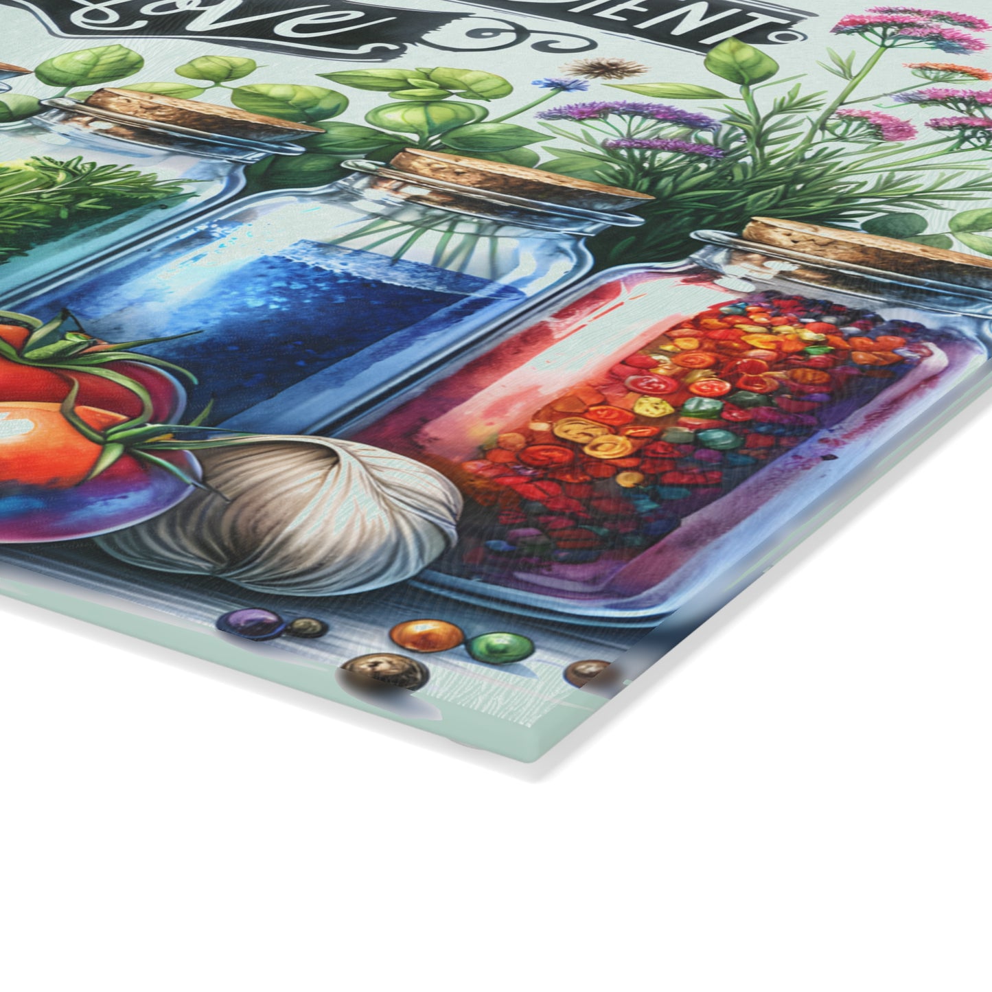 🌿 The Secret Ingredient Is Love Cutting Board – Colorful Herbs & Spices with Farmhouse Charm 🍅💚
