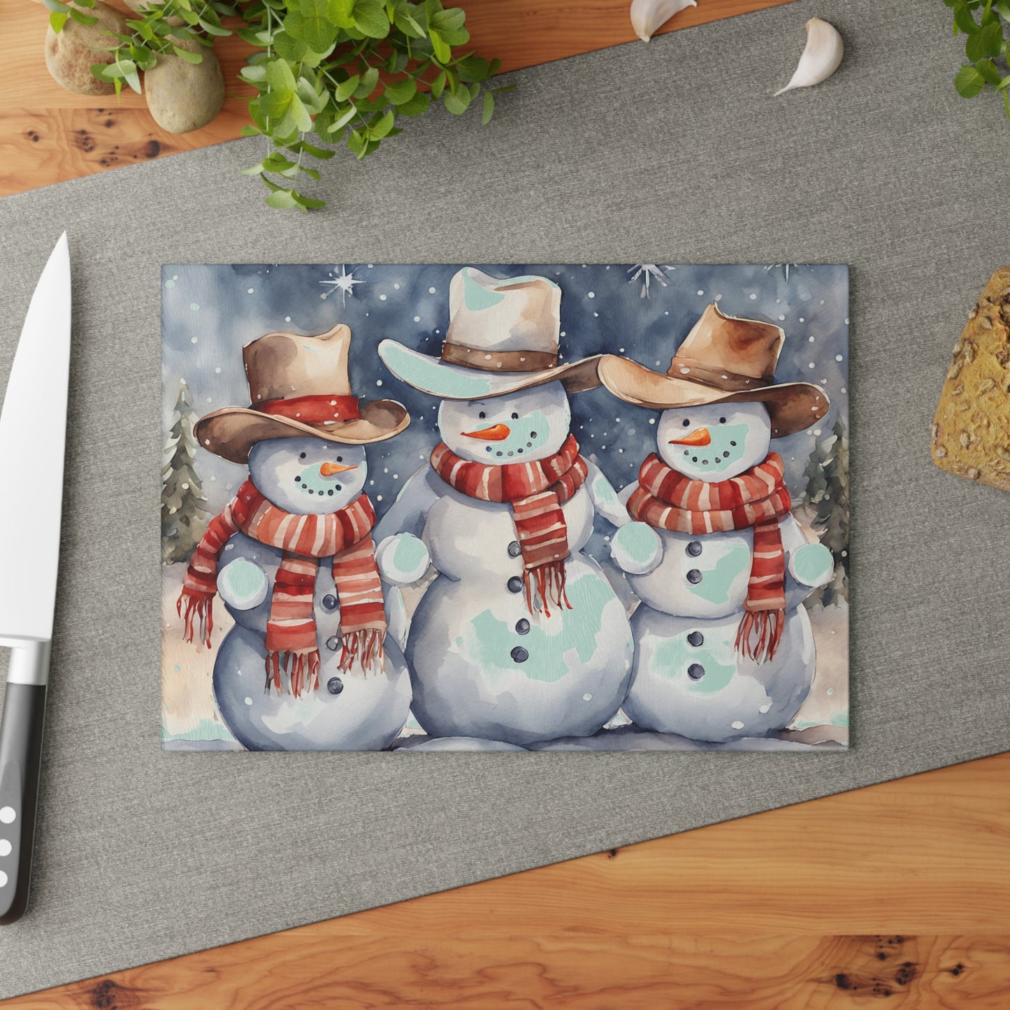 ⛄🤠 Cowboy Snowmen Cutting Board – Western Whimsy for Your Holiday Kitchen