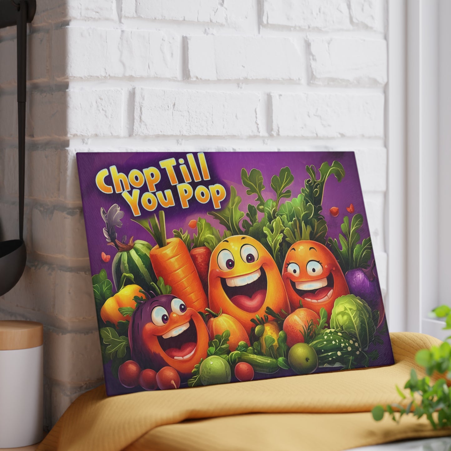 Tabla de cortar de vidrio "Chop Till You Pop" – Humor de cocina de verduras que ríen 😂🍅