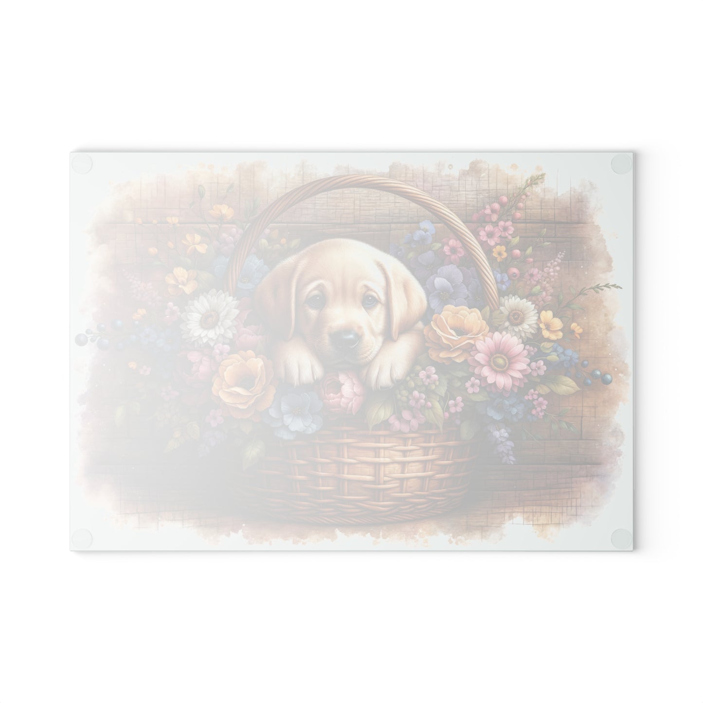 🐾🌼 Yellow Labrador Puppy in Basket Cutting Board – Rustic Charm with Floral Elegance 🌸