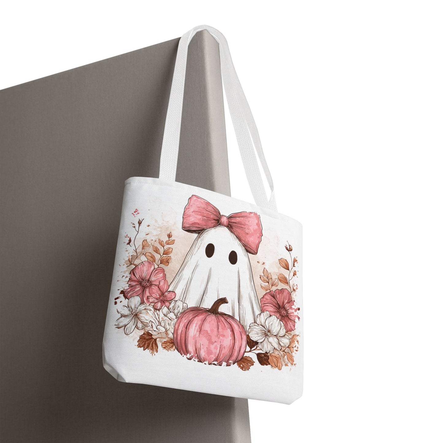 ๐ป Pink Bow Ghost Floral Halloween Tote Bag โ Spooky Cute with Fall Charm ๐๐