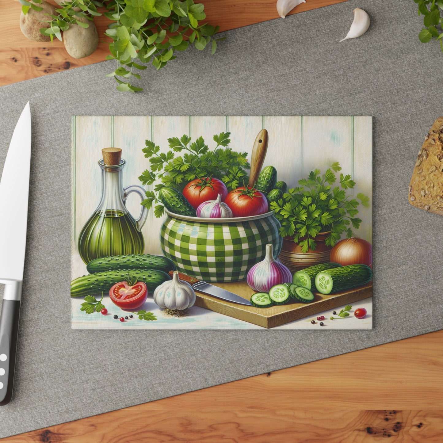 Tabla de cortar pepinos y tomates frescos de granja: un encanto campestre para tu cocina