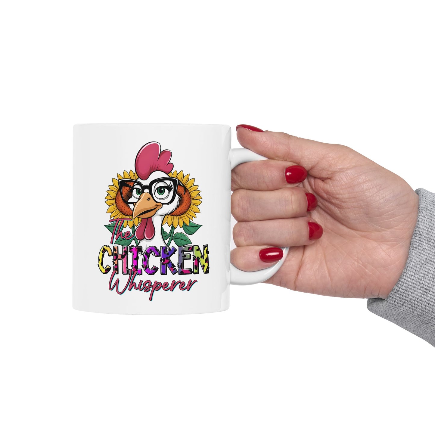 Taza de El Susurrador de Pollos: Estilo rústico divertido con girasoles