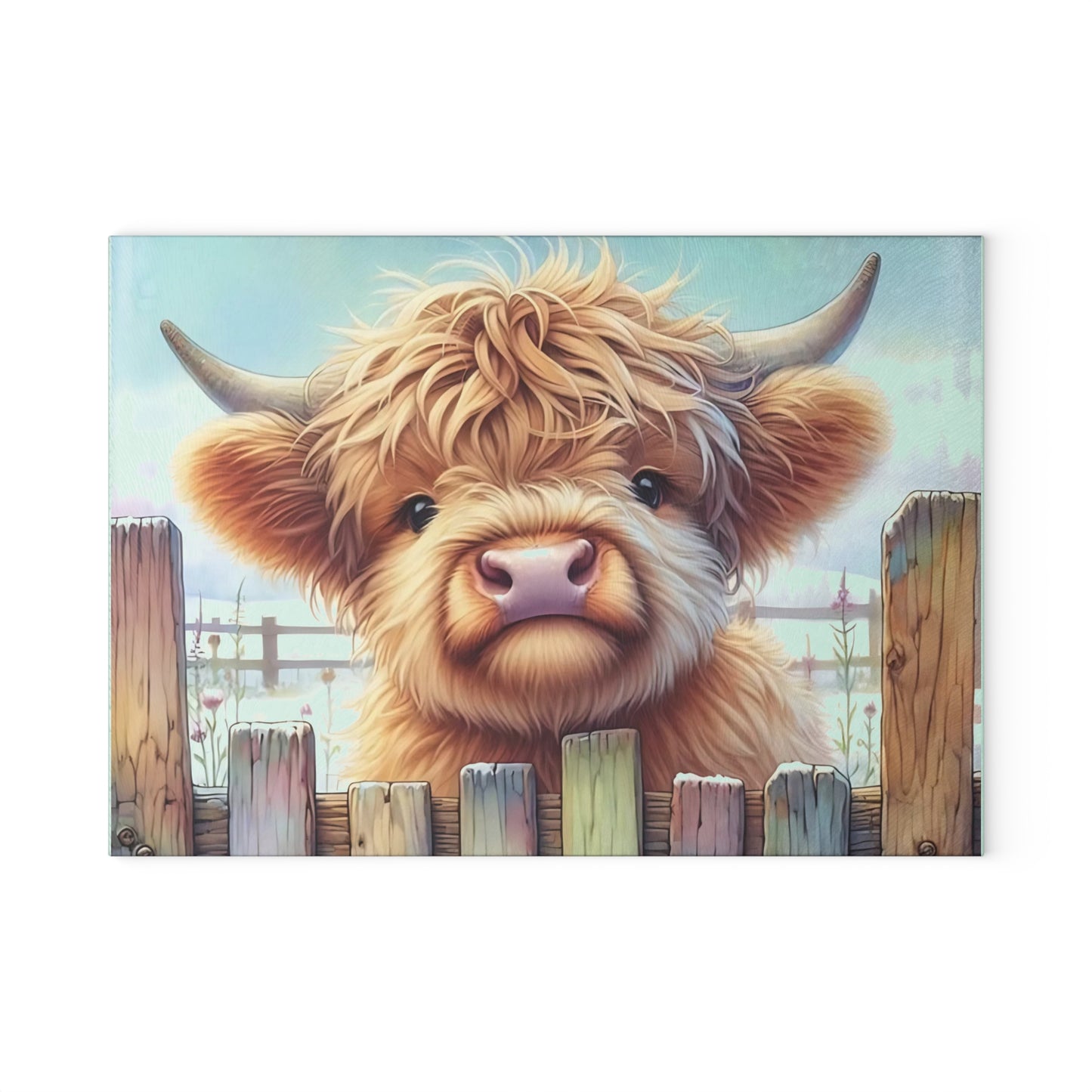 🐄 Highland Cow Looking Over a Wooden Fence Glass Cutting Board 🪵