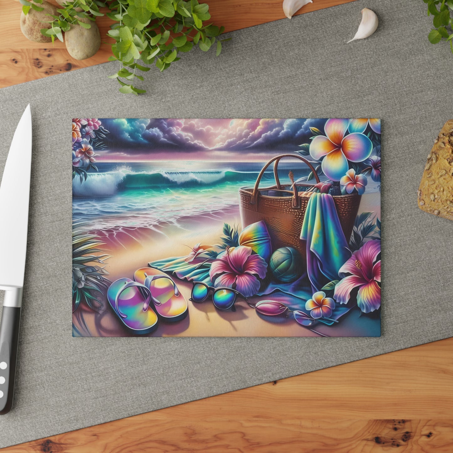 Tabla de cortar de vidrio "Día de Playa Tropical" - Decoración de cocina con ambiente veraniego, decoración costera, arte oceánico, regalo playero, tabla de cortar de vidrio, decoración de cocina tropical, aspecto pintado a mano, escena playera