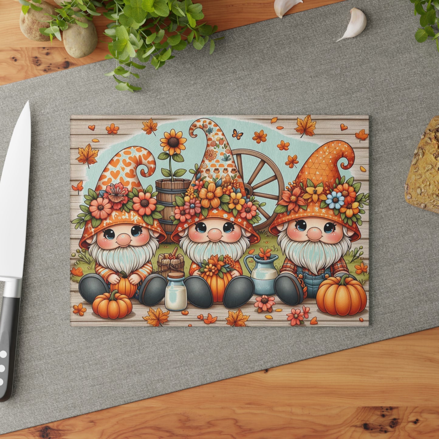 ๐ Autumn Gnome Trio Cutting Board โ Whimsical Harvest Charm for Your Kitchen